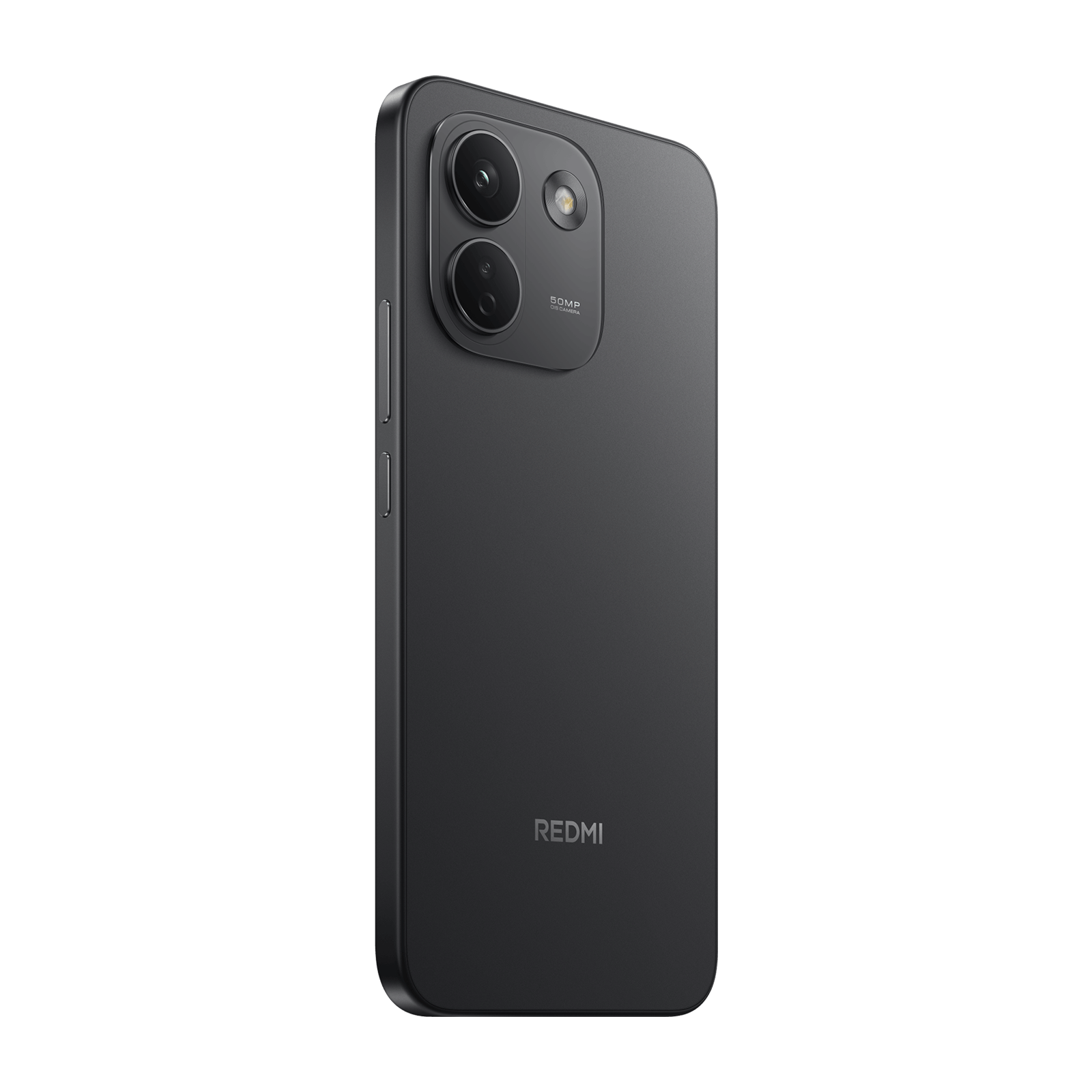 Rückansicht eines schwarzen Redmi-Smartphones mit Doppel-Kamera und Blitz auf schwarzem Hintergrund.
