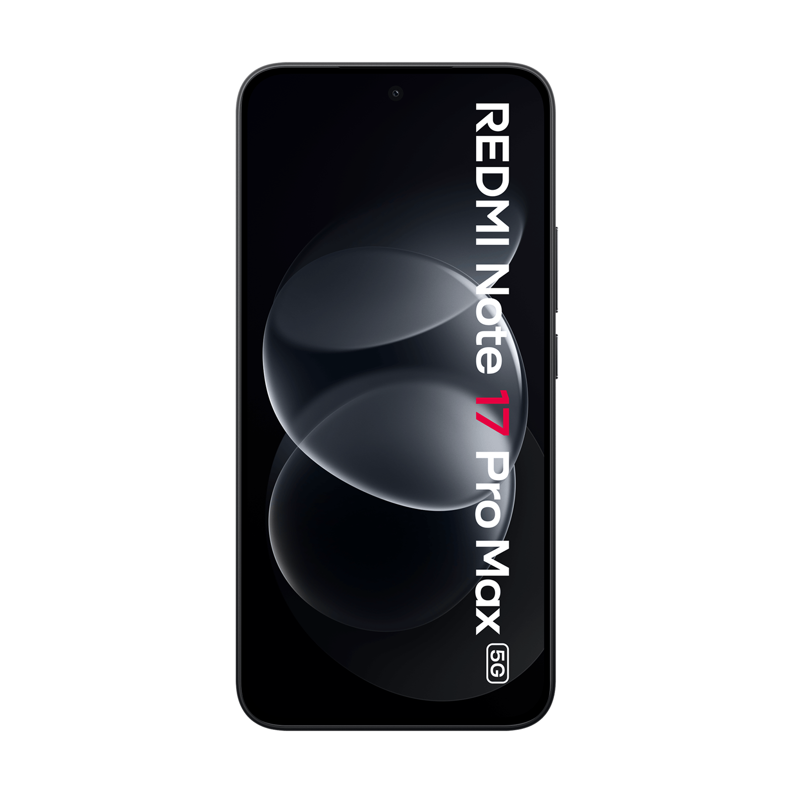 Ein Redmi Note 17 Pro Max 5G Smartphone auf schwarzem Hintergrund mit abstraktem dunklen Blasendesign.