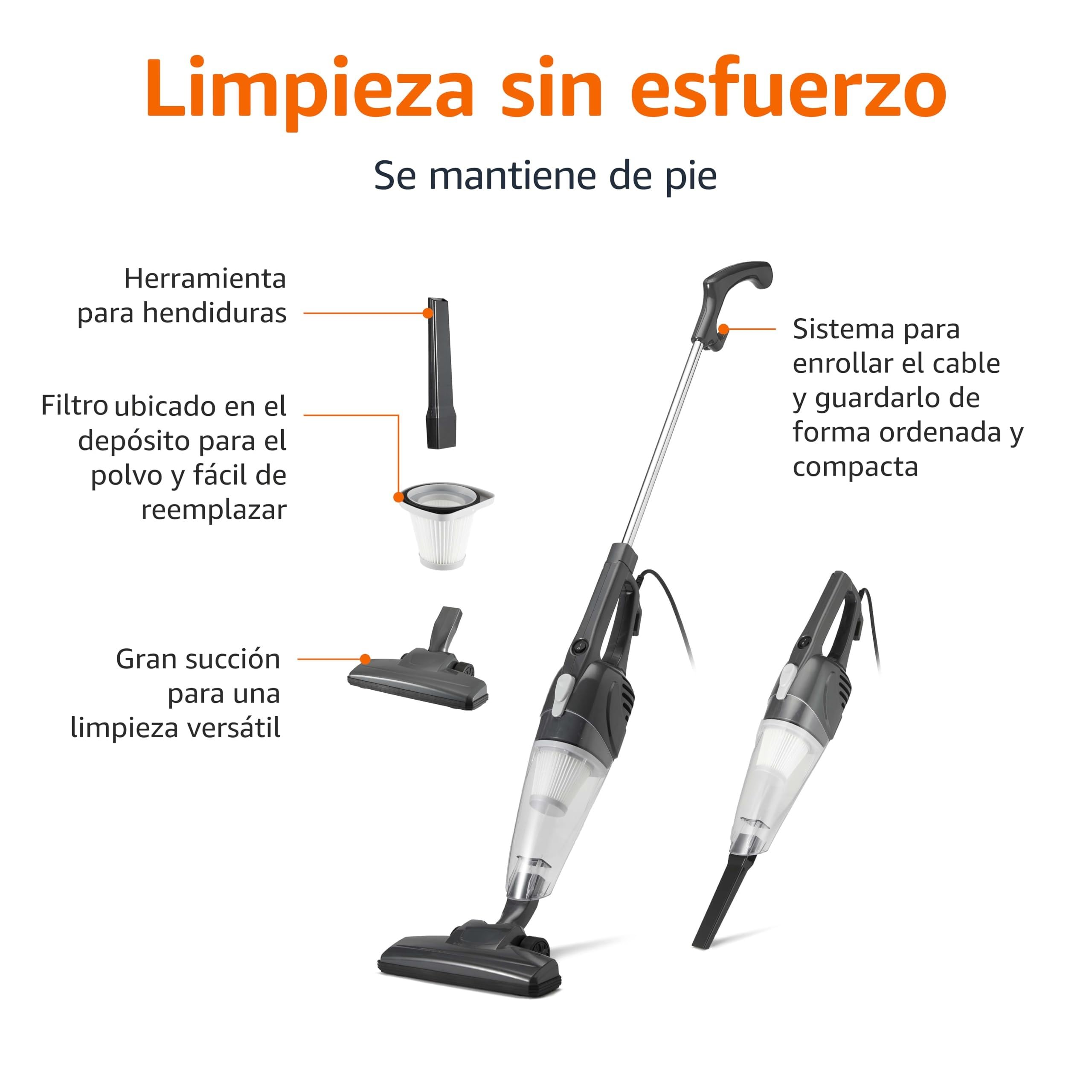 Diagramma di un aspirapolvere portatile grigio con accessori ed etichette in spagnolo.