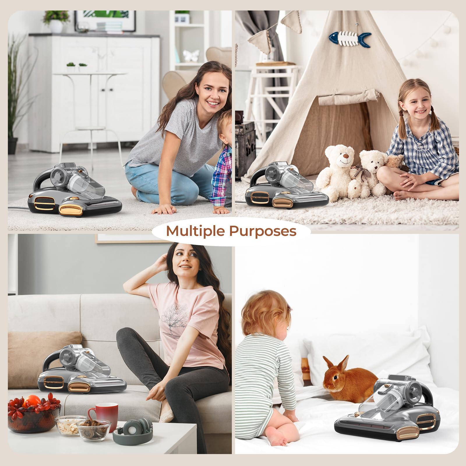 Quattro scene che mostrano un aspirapolvere portatile in vari ambienti domestici con donne, bambini e un coniglio.