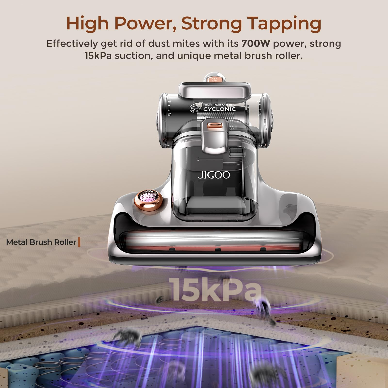 Aspiratore antiacaro Jigoo da 700W, aspirazione 15kPa e rullo in metallo su materasso.