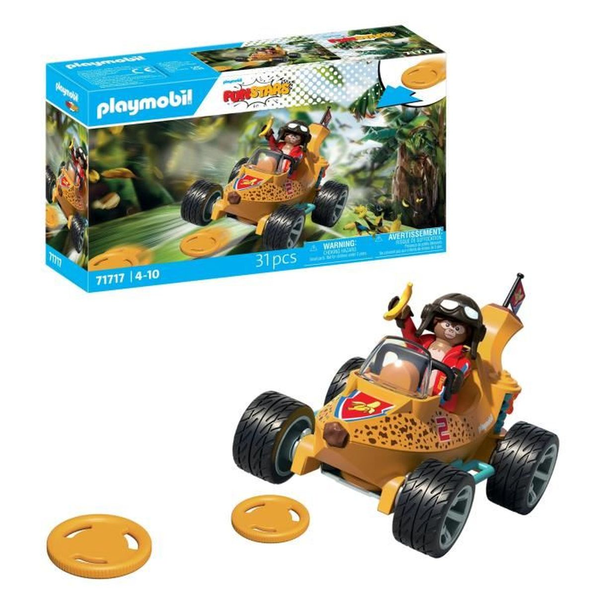 Ein Playmobil-Set mit einem Affen im orangefarbenen Kart, zwei gelben Scheiben vorne und der Verpackung im Hintergrund.