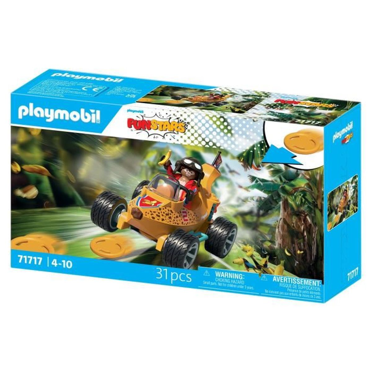 Playmobil FunStars Dschungel-Rennauto-Spielzeugbox mit Figur, einem gelben Auto mit schwarzen Rädern in Dschungelkulisse.