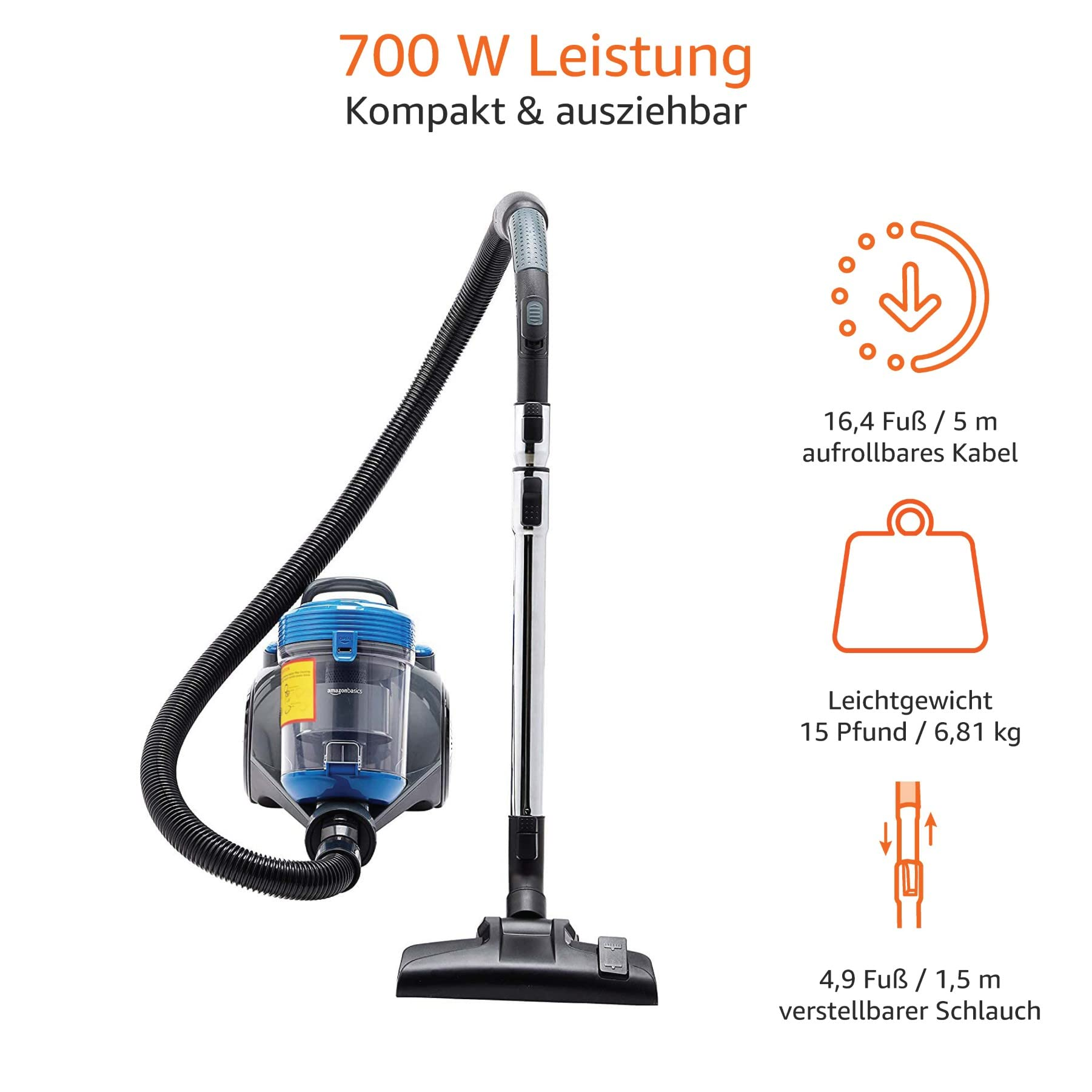 Un aspirateur bleu et noir avec accessoires et caractéristiques sur fond blanc.