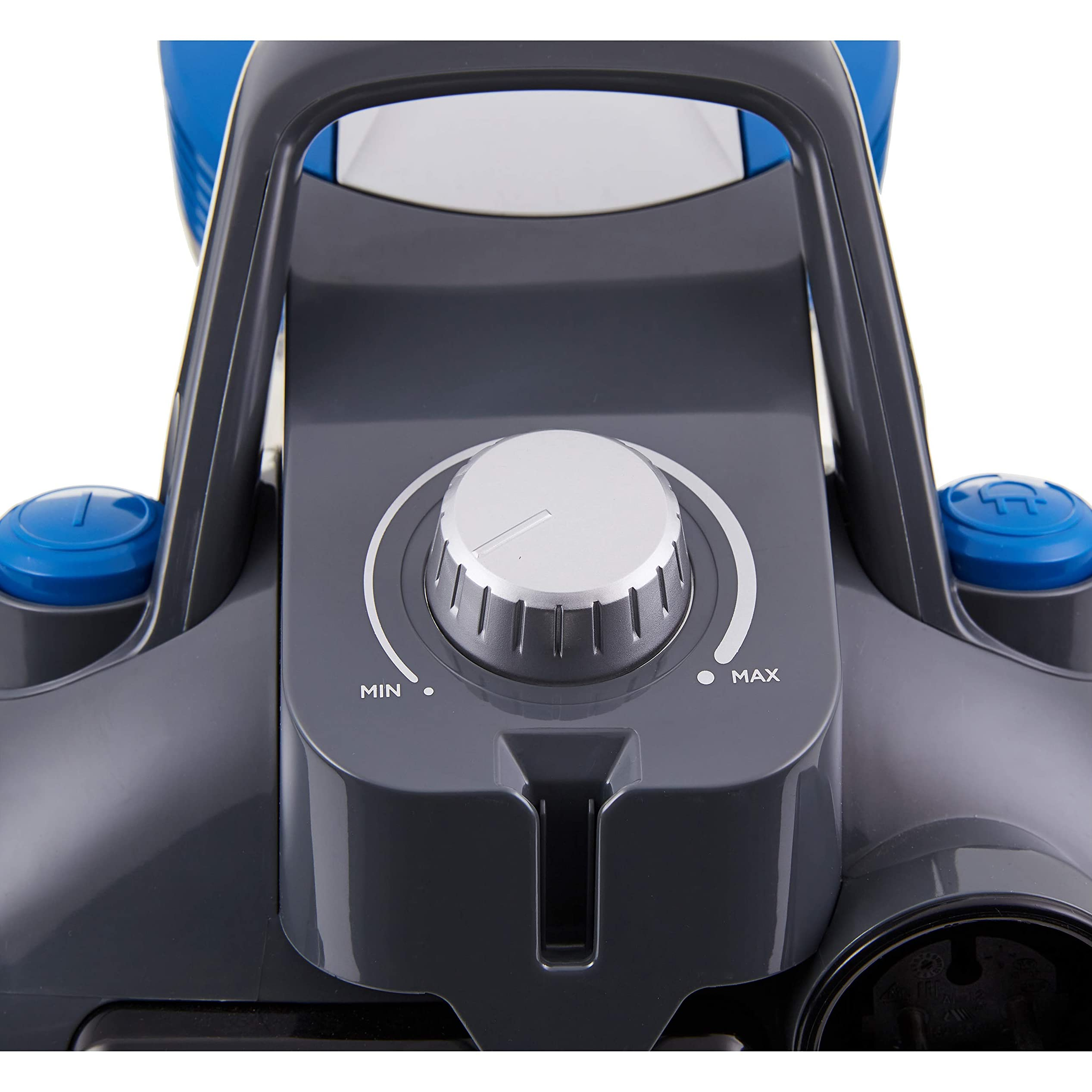 Aspirateur gris avec un bouton rotatif argenté pour min et max, flanqué de boutons bleus.