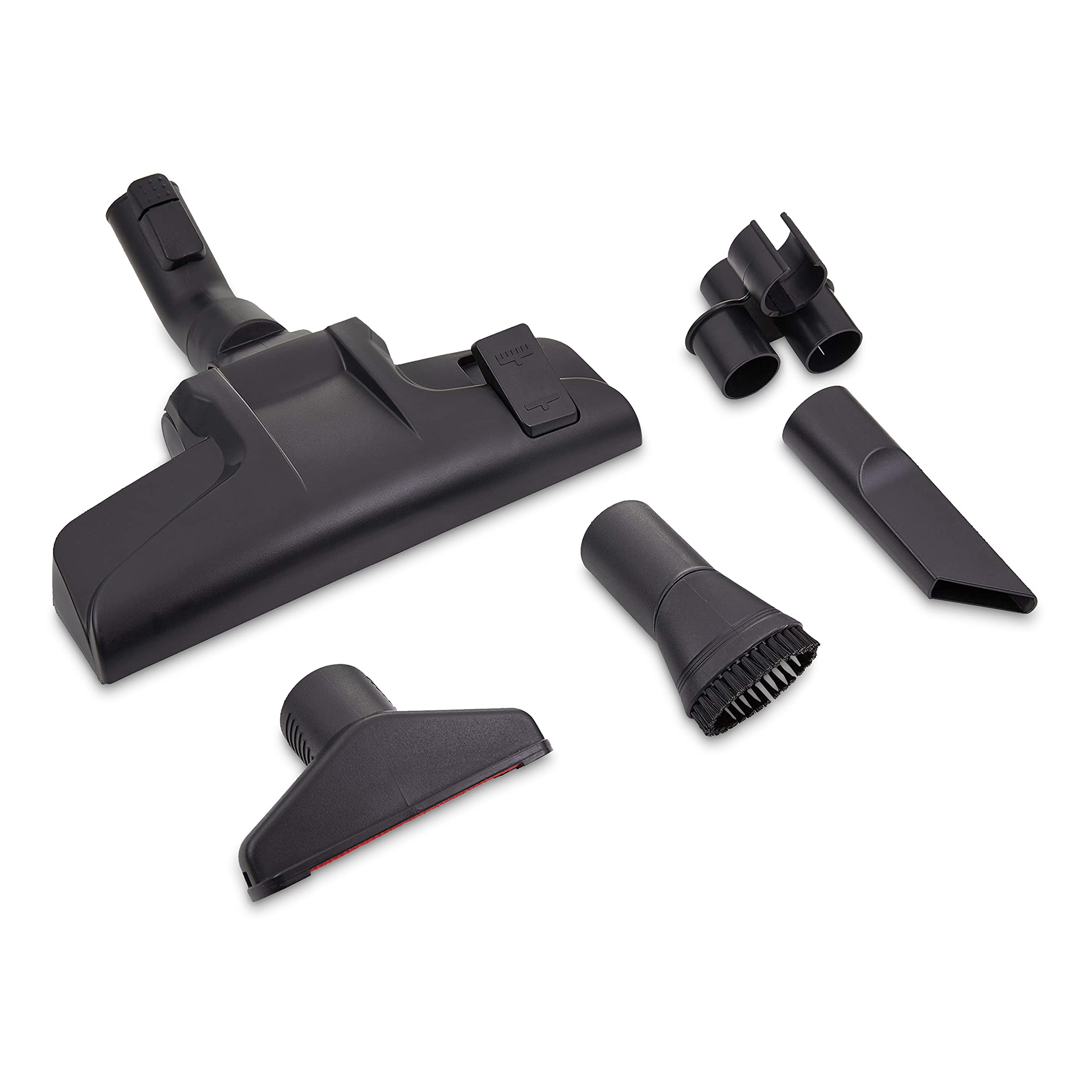 Ensemble d'accessoires d'aspirateur noirs avec brosse pour sol et accessoires sur fond blanc.