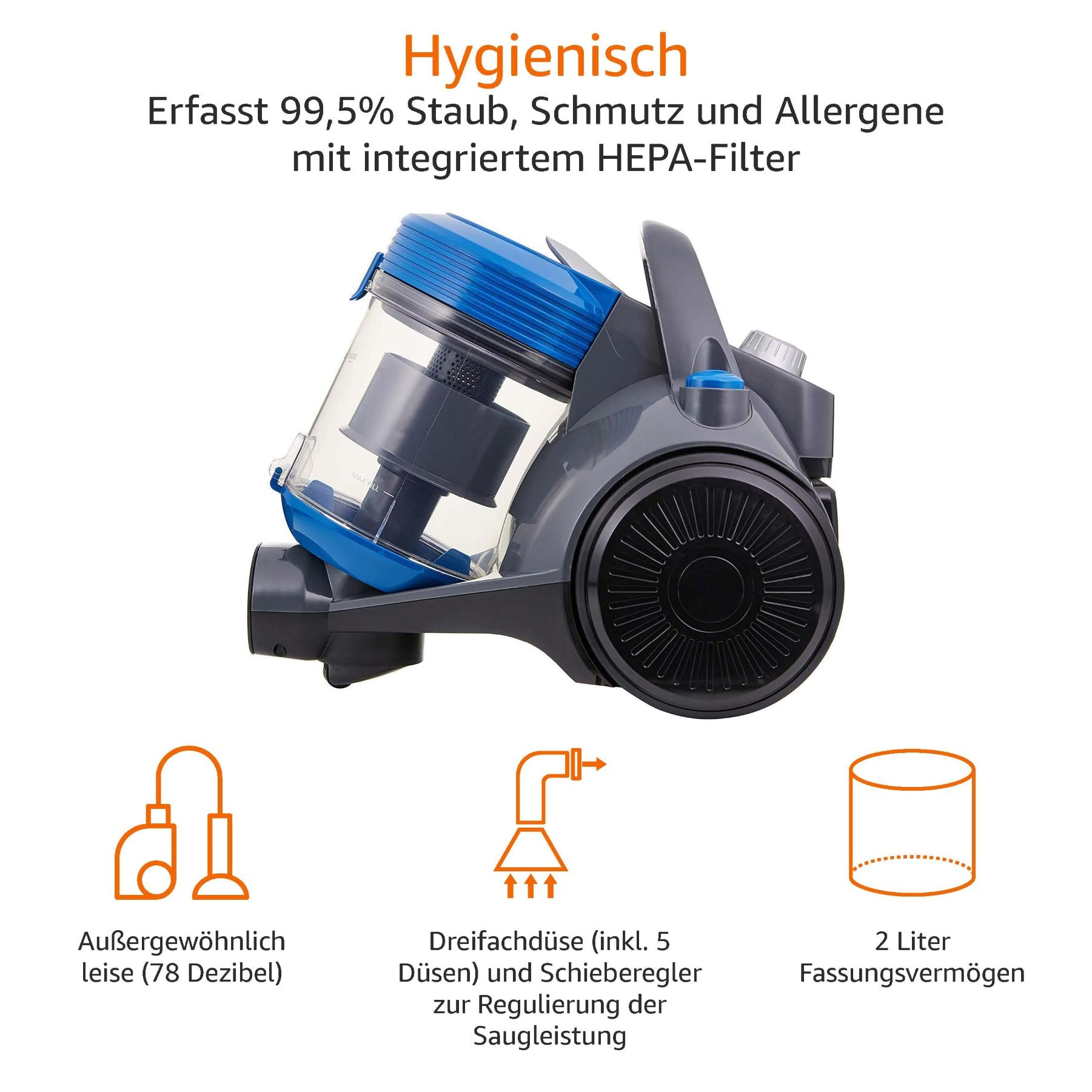 Aspirateur sans sac bleu et gris avec texte et icônes pour fonctionnement silencieux, triple buse et capacité de 2L.