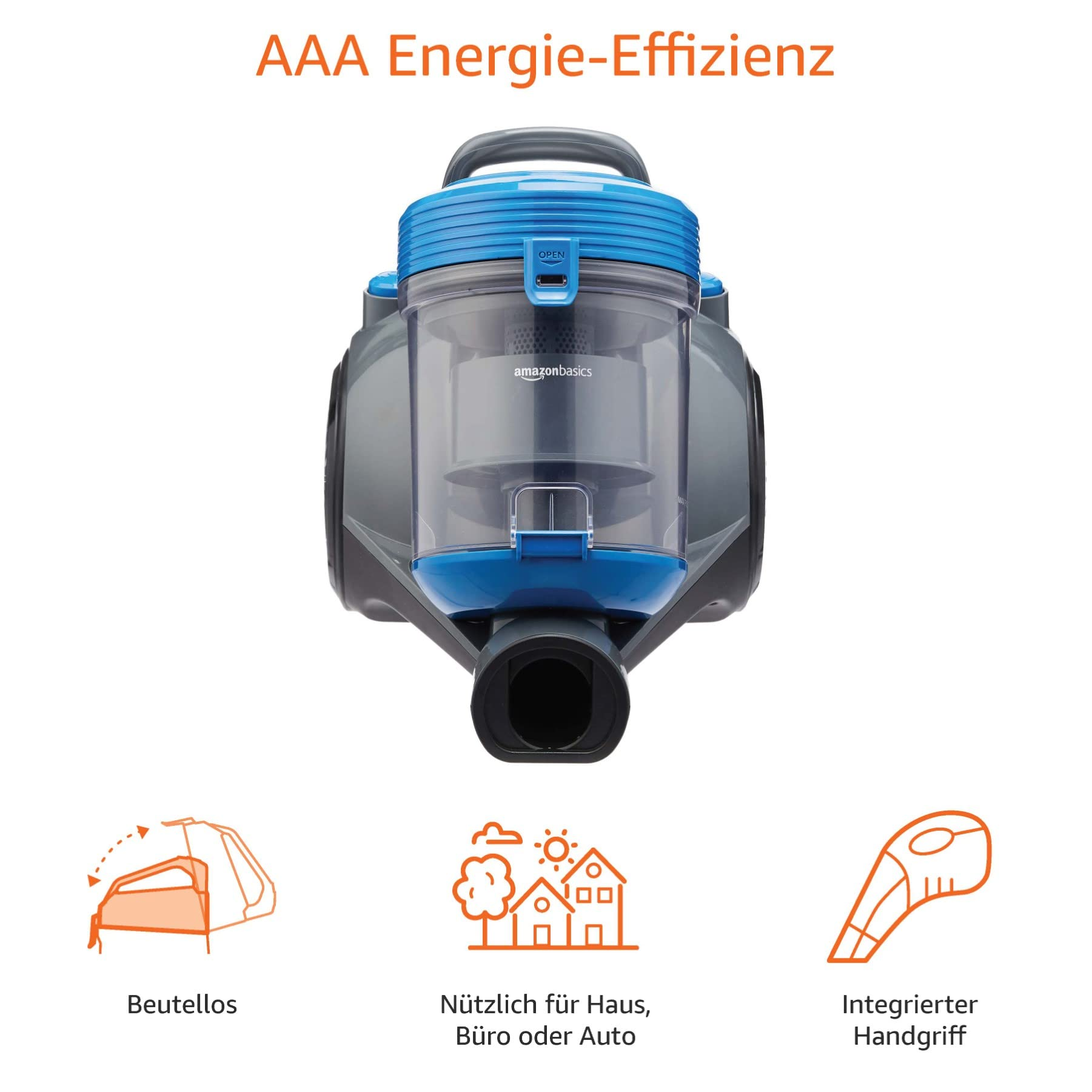 Un aspirateur sans sac bleu et gris avec des icônes de fonctionnalités.