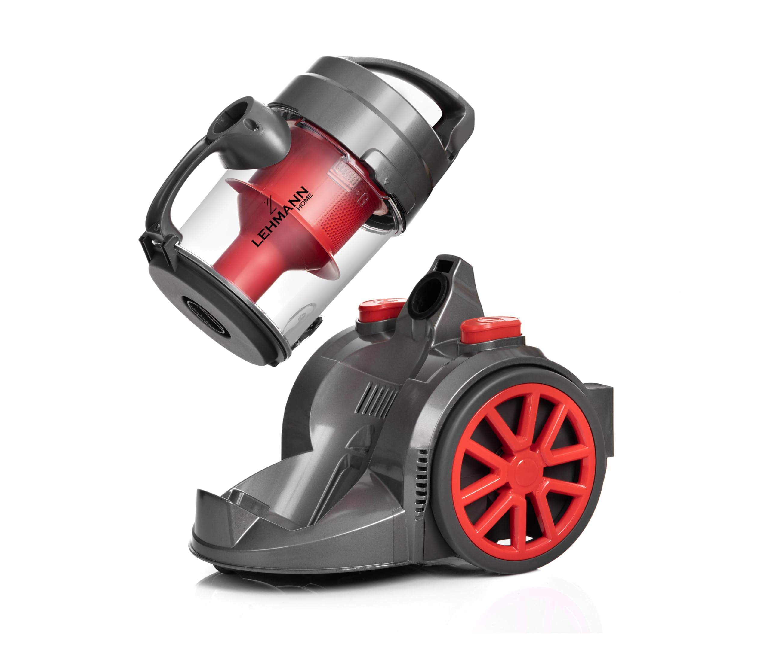 Aspirapolvere senza sacco grigio e rosso con contenitore della polvere rimovibile e grandi ruote rosse.