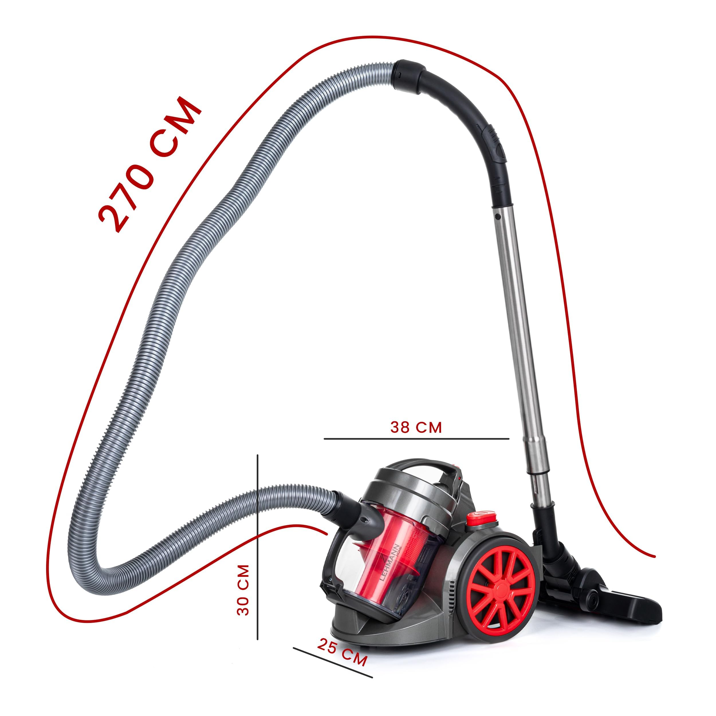 Un aspirapolvere grigio e rosso con dimensioni in centimetri e un tubo lungo.