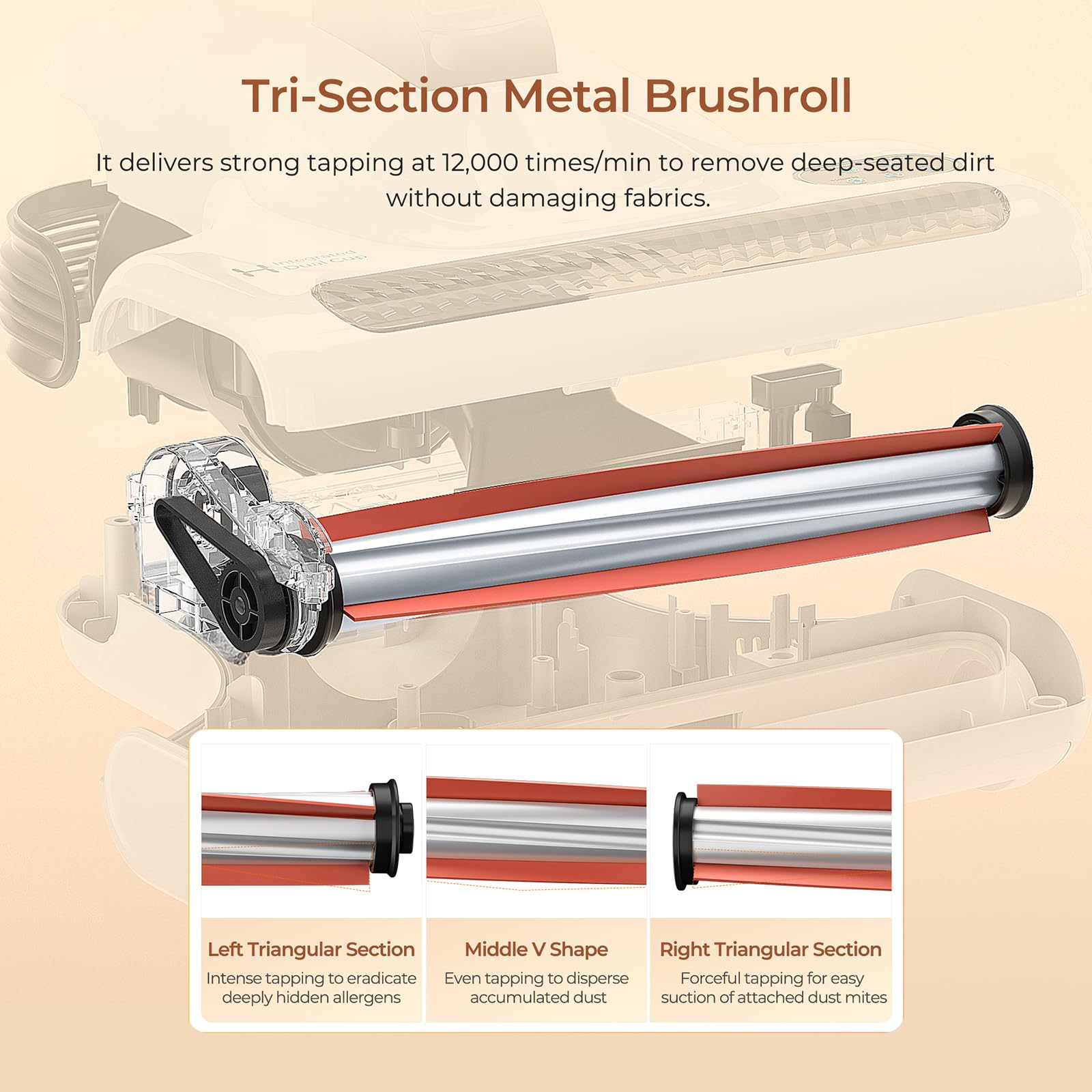 Schéma d'une brosse rotative métallique en trois sections pour éliminer la saleté.