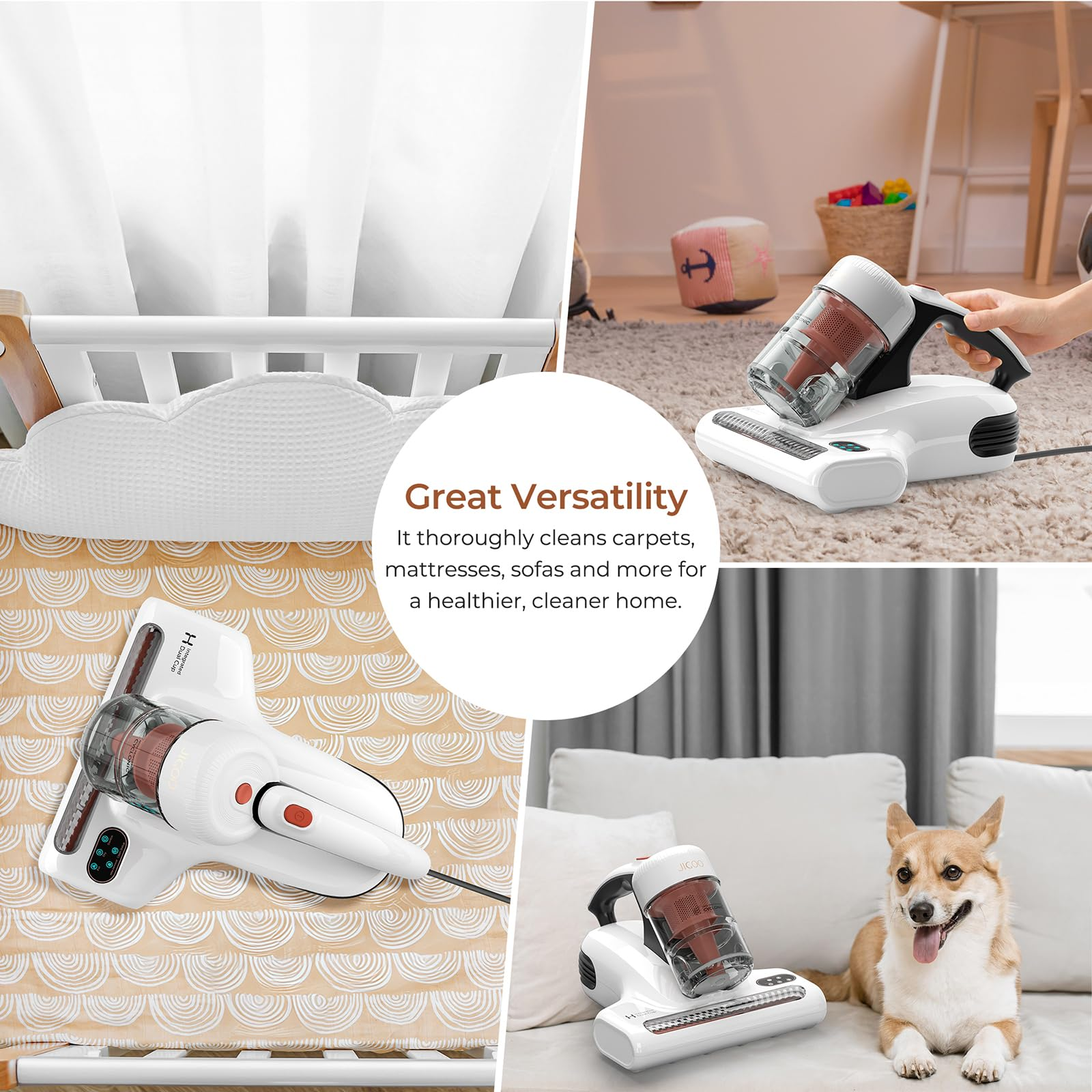 Un aspirateur à main blanc nettoie les tapis, les lits et les tissus d'ameublement dans une maison propre avec un chien.