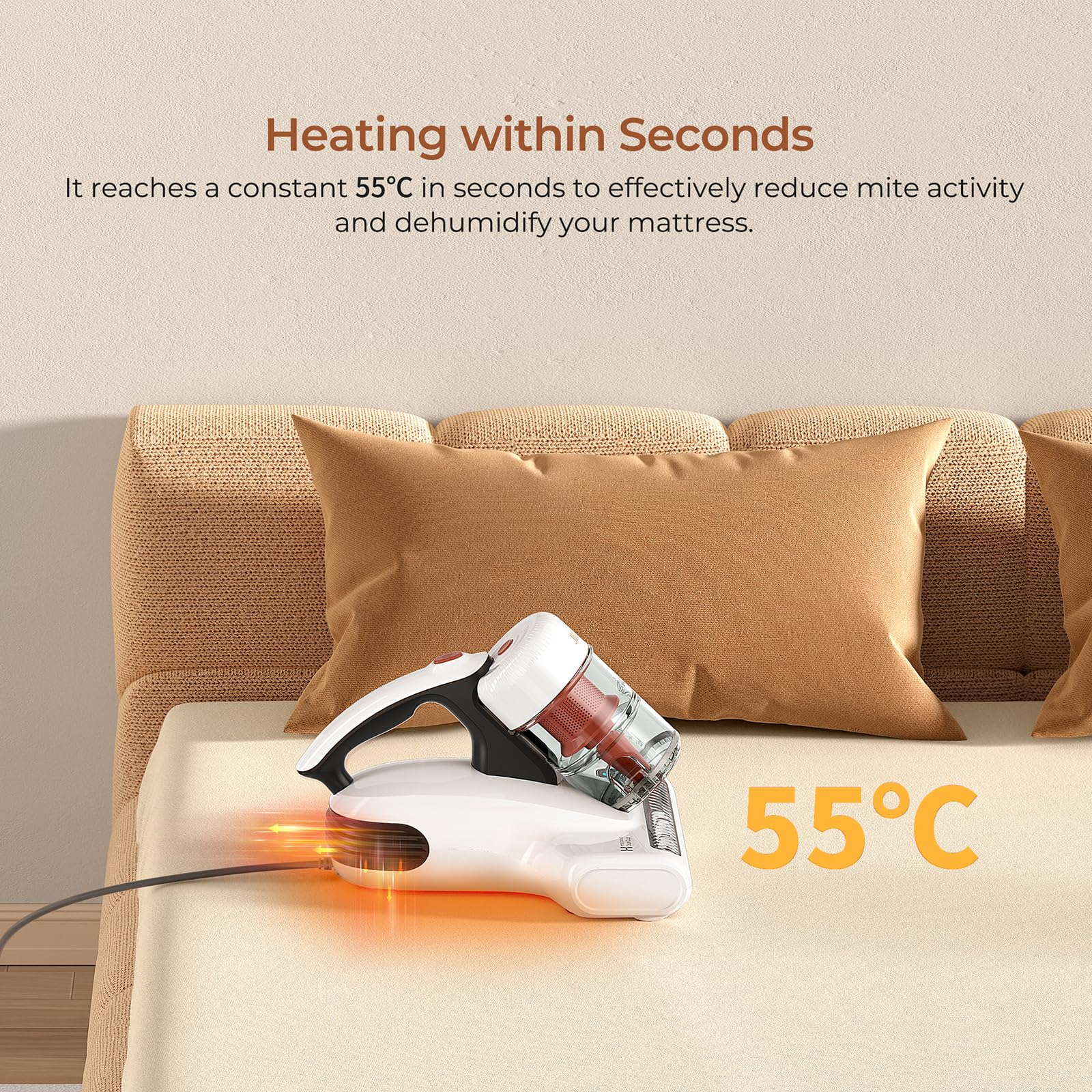 Un aspirateur à matelas blanc portatif avec fonction chauffante à 55°C sur un lit.