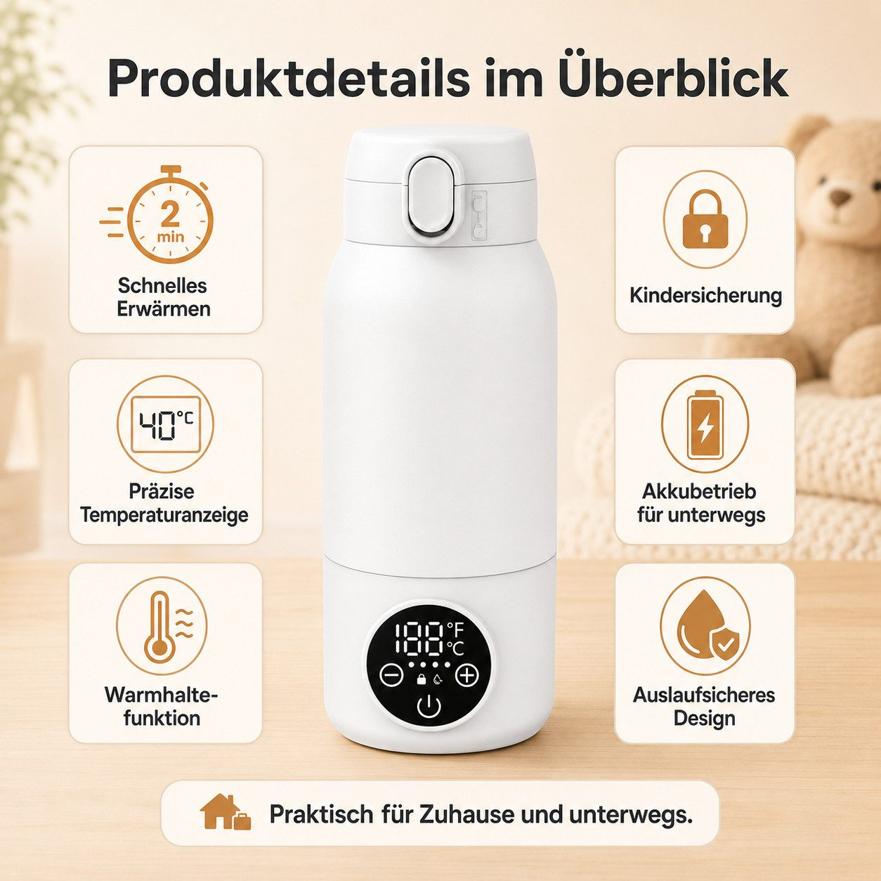 Eine weiße Thermosflasche mit digitalem Display und sechs Produktmerkmalen auf beige Hintergrund.