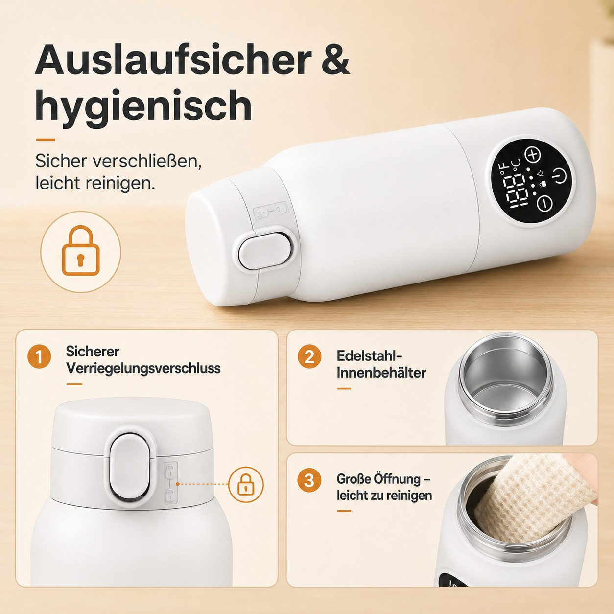 Weiße Thermosflasche mit digitalem Display, Verriegelungsschluss und großer Öffnung zur einfachen Reinigung.