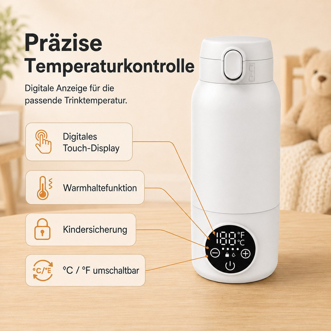 Weisse Thermosflasche mit digitalem Display und Erklärungen zu Funktionen wie Touch-Display und Kindersicherung.
