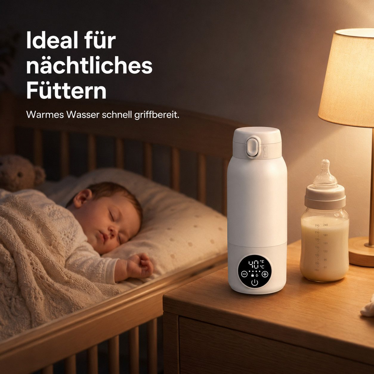 Ein weißer Flaschenwärmer und eine Babyflasche auf einem Nachttisch neben einem schlafenden Baby.