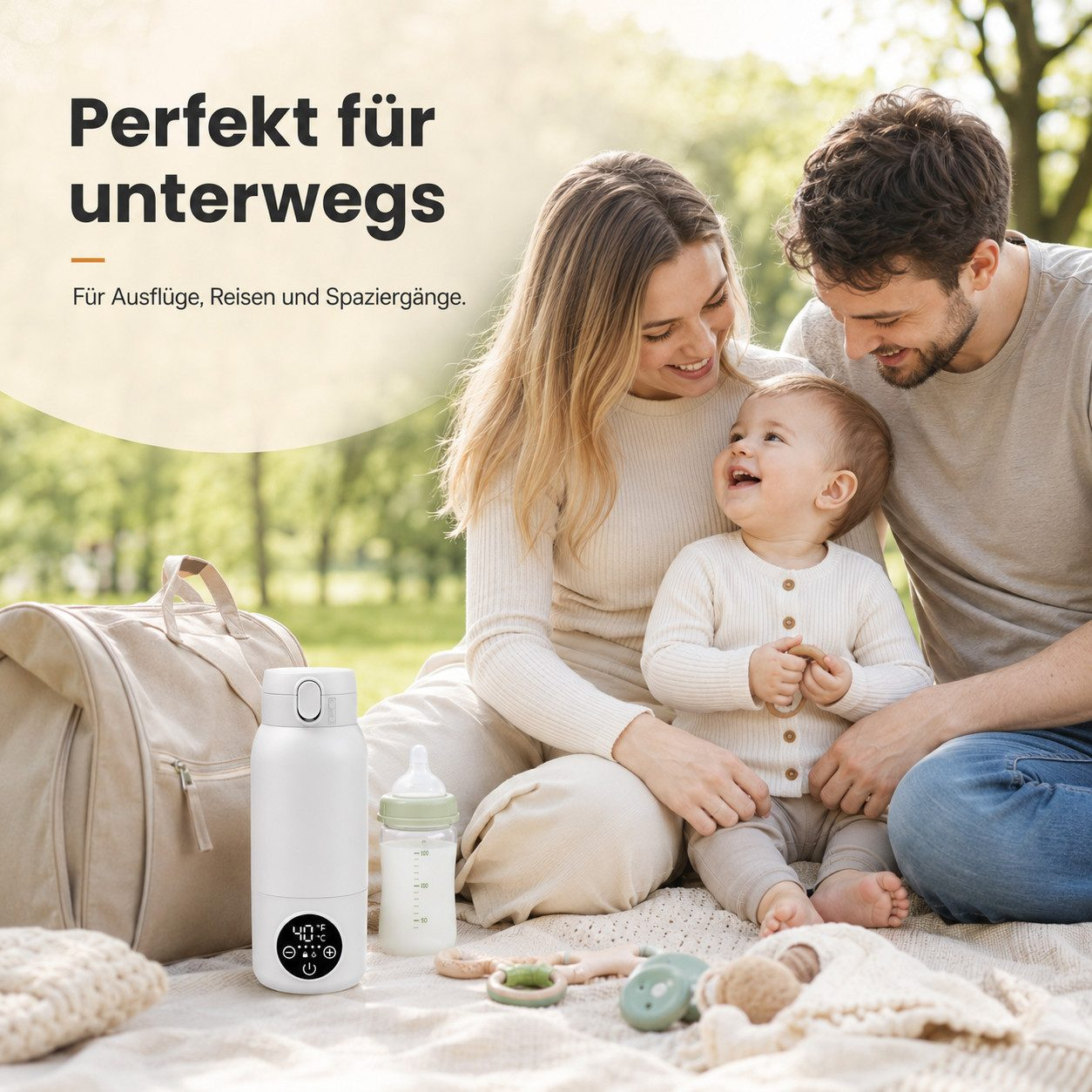 Eine Familie sitzt im Park auf einer Decke, mit einer Thermoskanne und einer Babynasche im Vordergrund.