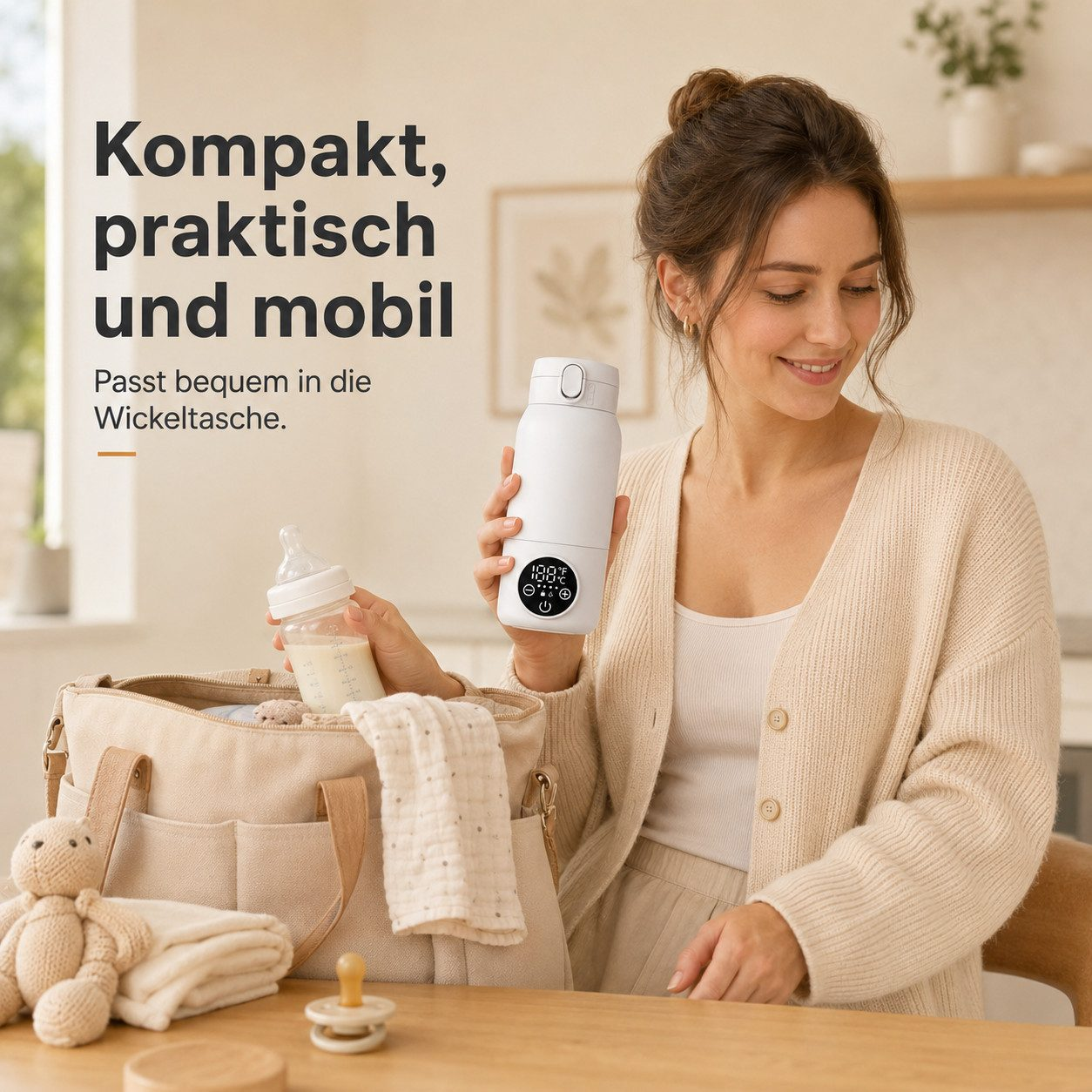 Eine lächelnde Frau hält eine weiße Thermosflasche neben einer Wickeltasche mit Babysachen.