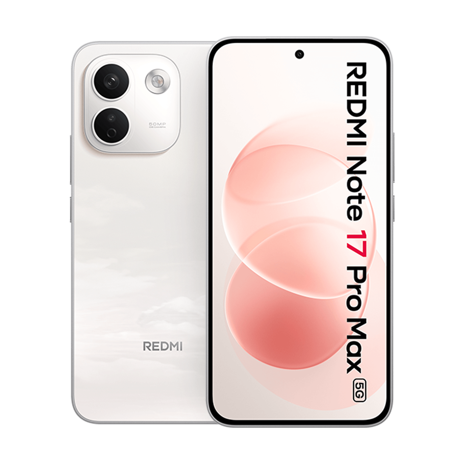 Front- und Rückansicht des weißen Redmi Note 17 Pro Max 5G Smartphones auf schwarzem Hintergrund.