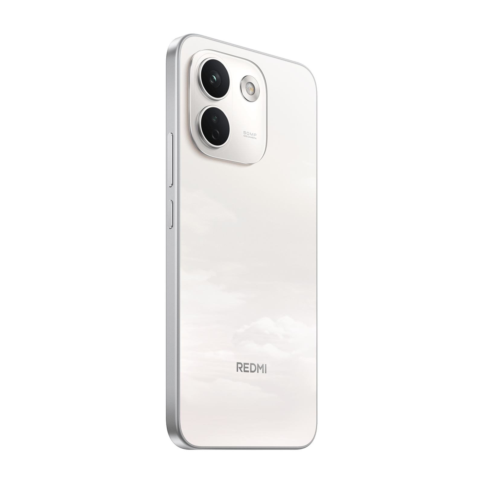 Rückseite eines weißen Redmi-Smartphones mit zwei Kameras, Blitz und REDMI-Logo vor schwarzem Hintergrund.