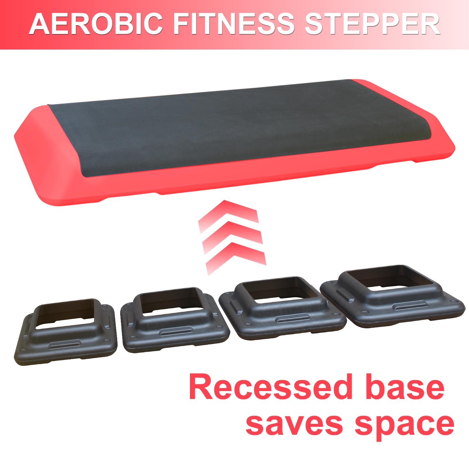 Aerobic-Fitness-Stepper mit rotem und schwarzem Deck und vier stapelbaren schwarzen Basisblöcken.