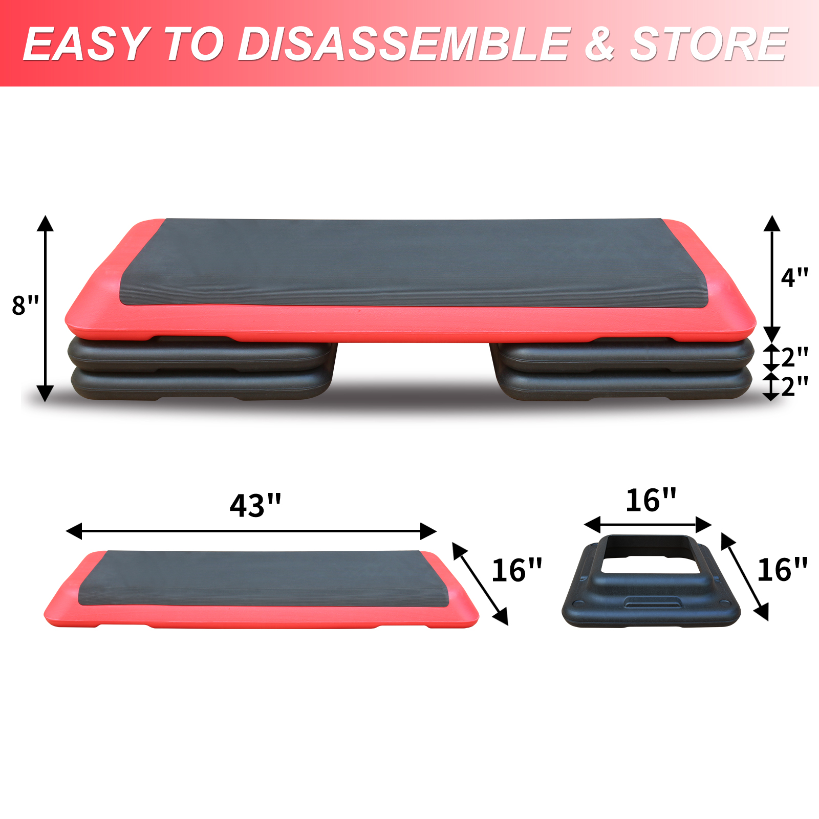Ein rotes und schwarzes Aerobic-Step-Board mit Maßen für Höhe und Länge.