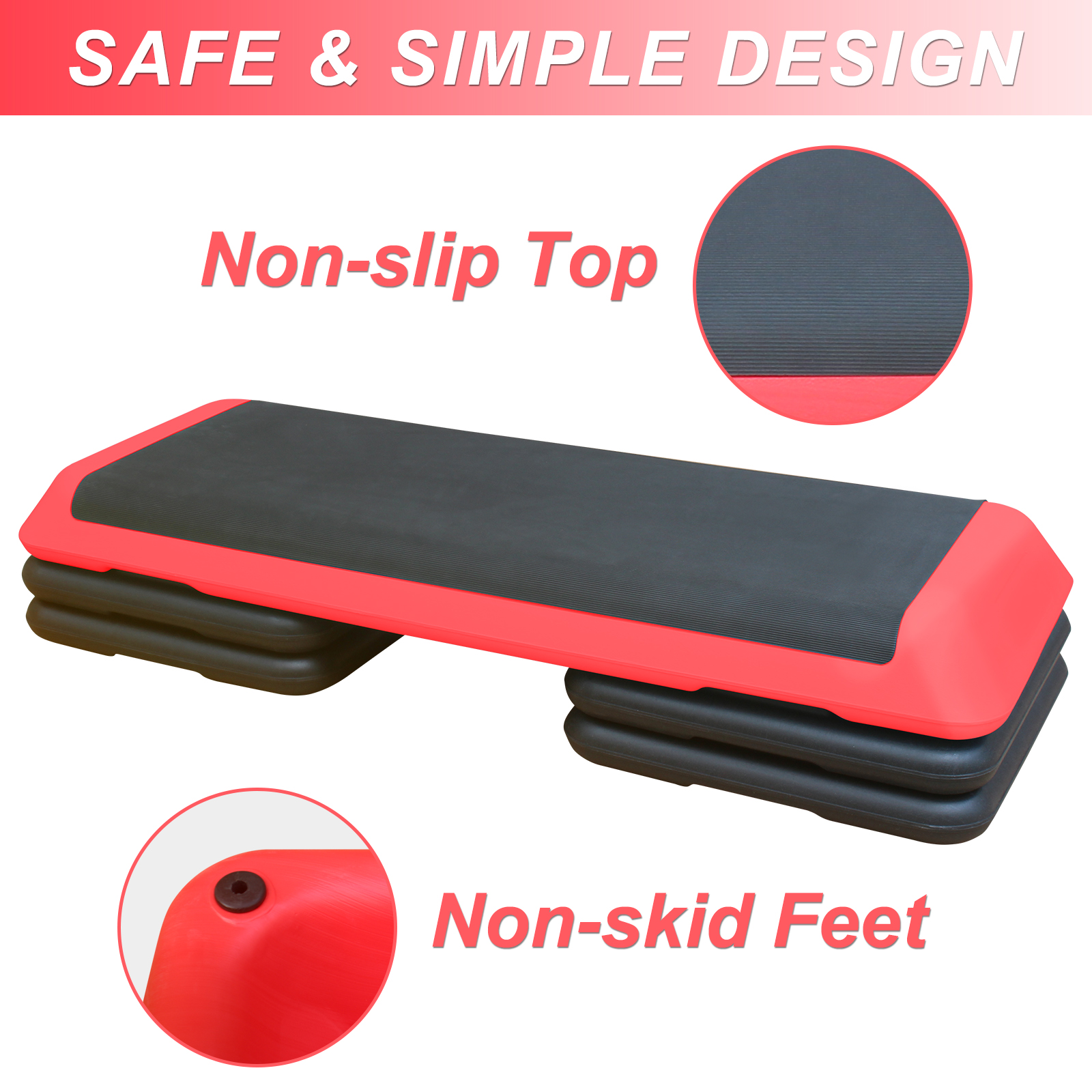 Fitness-Step-Board in Rot und Schwarz mit rutschfester Oberfläche und Füßen.