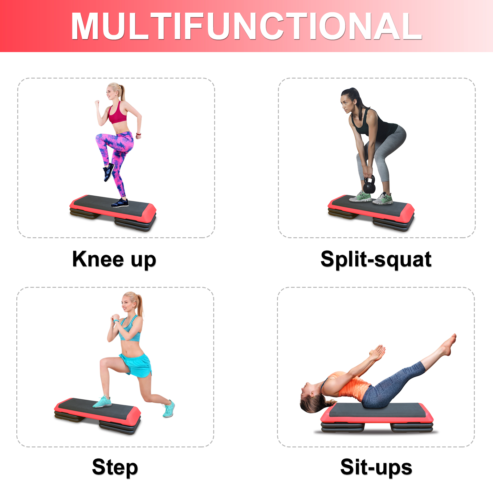 Vier Bilder zeigen Übungen mit einem roten Aerobic-Step: Knieheben, Ausfallschritt, Steigen und Sit-ups.