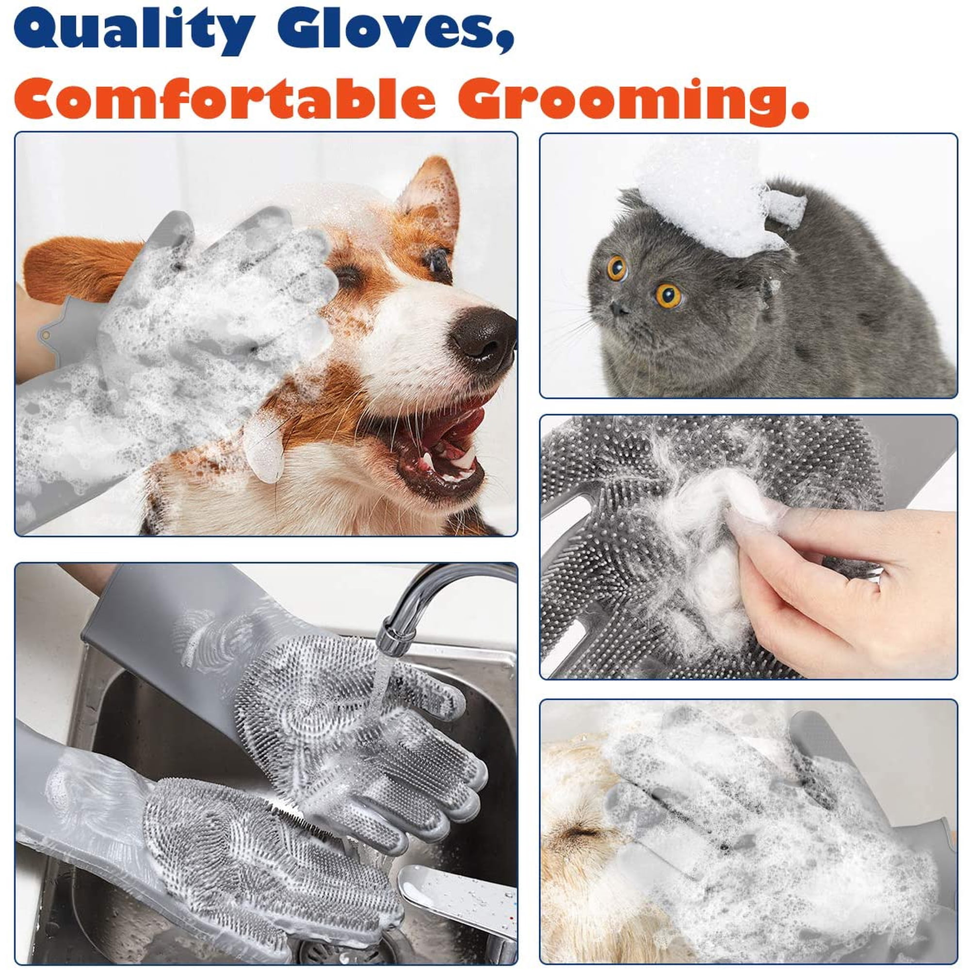 Mehrteiliges Bild zeigt Pflegehandschuhe beim Waschen von Hund und Katze, Fellentfernung und Abspülen.
