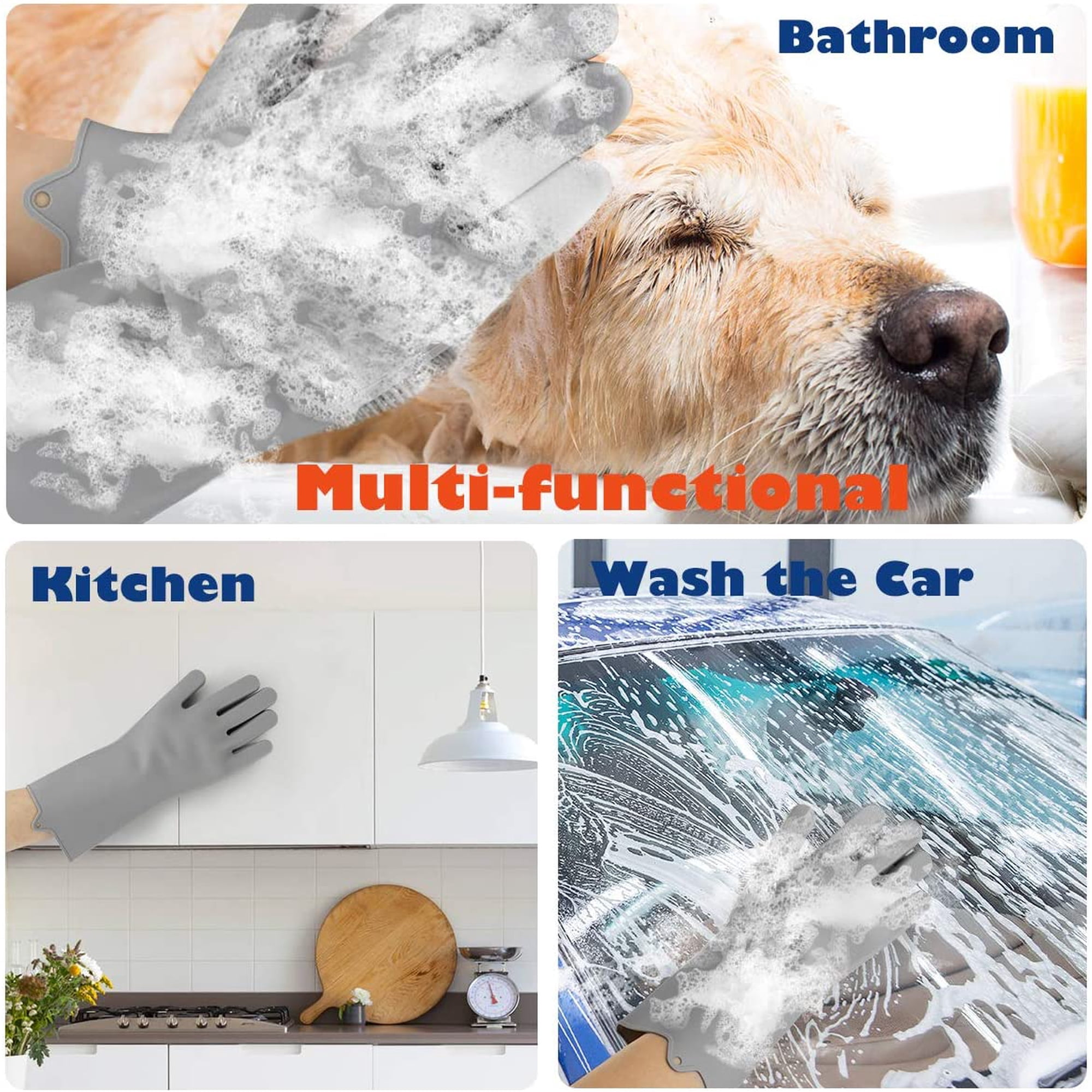 Collage zeigt einen grauen Silikon-Pflegehandschuh beim Waschen eines Hundes, Reinigen von Küchenschränken und Seifen.