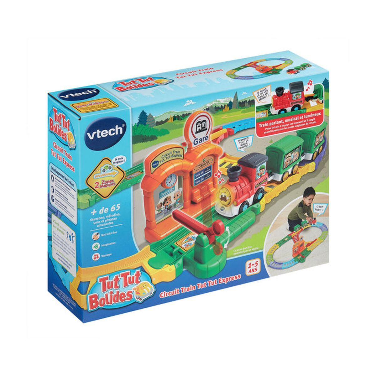 Vtech Tut Tut Bolides Spielset mit farbenfrohem Zug, Schienen, Bahnhof und Kind auf der Verpackung.