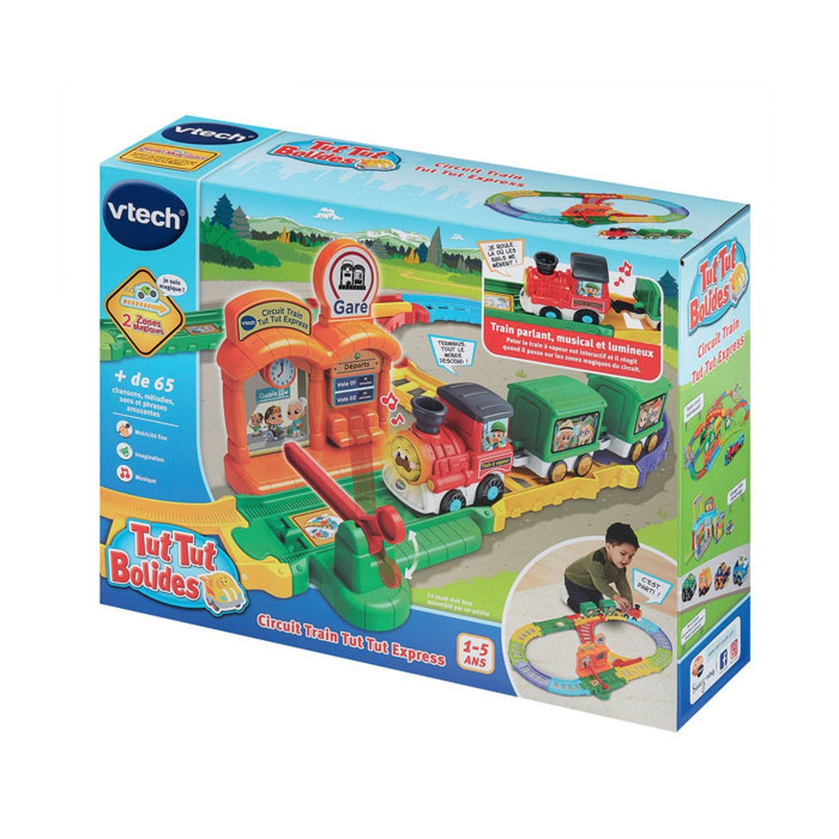 VTech Tut Tut Bolides Spielset mit roter Lokomotive, grünem Waggon und Bahnhof in bunter Verpackung.
