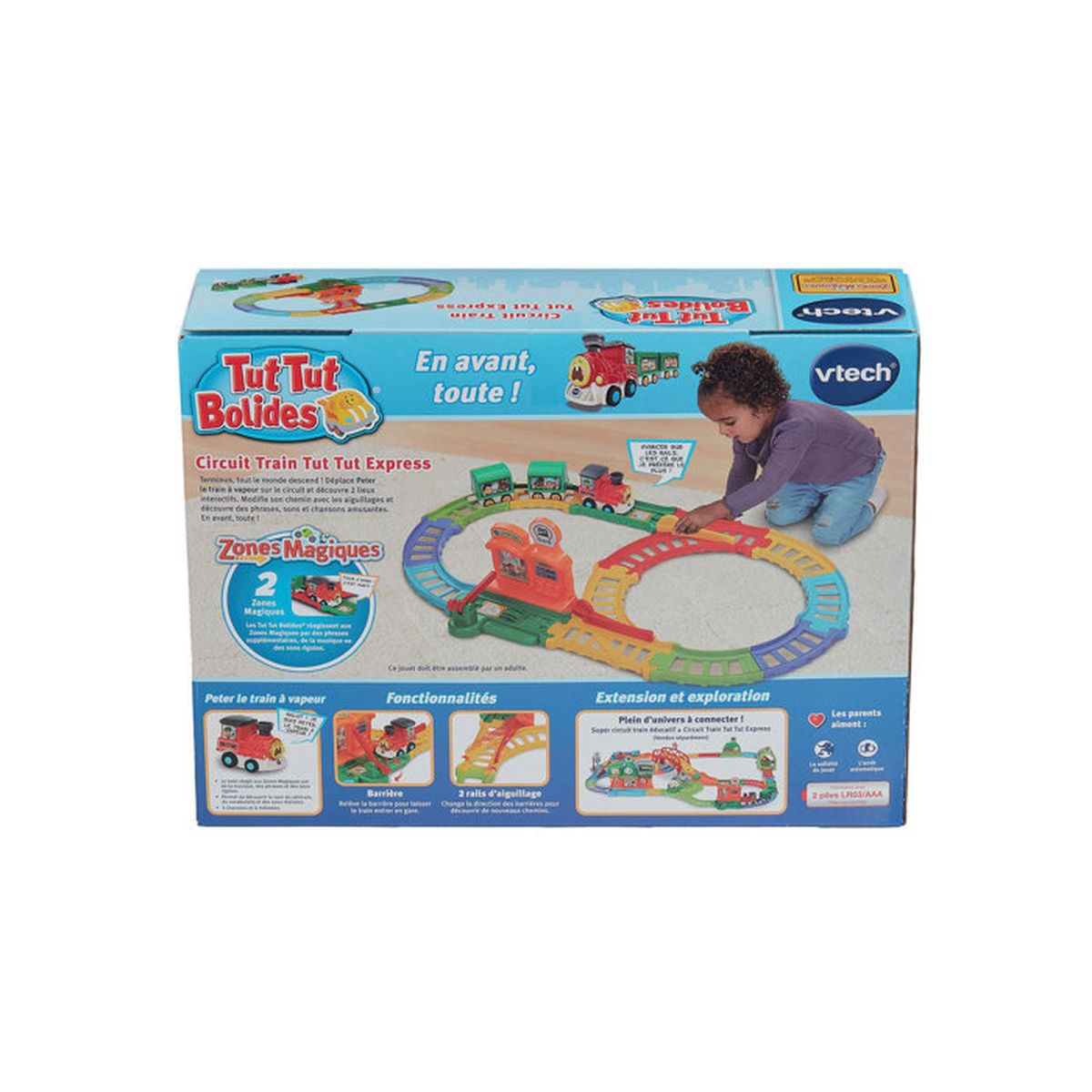 Verpackung der Vtech Tut Tut Bolides Zugstrecke mit Kind, das spielend abgebildet ist.