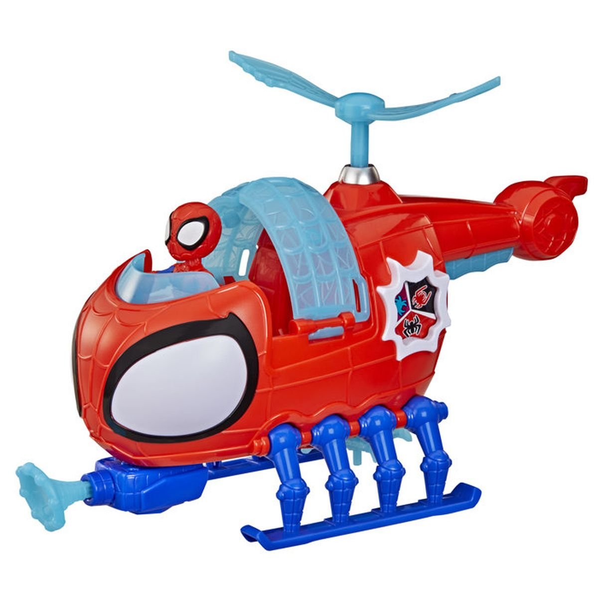 Hélicoptère jouet Spider-Man rouge avec des pattes bleues et un rotor sur fond blanc.
