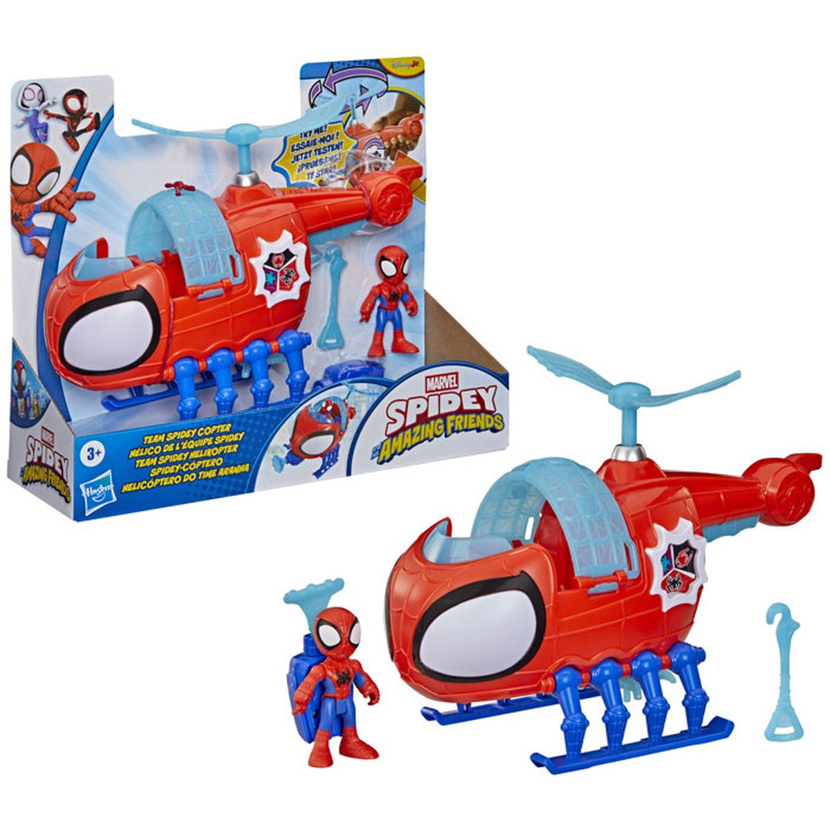 Un jouet Spidey avec un hélicoptère orange, une figurine Spiderman et son emballage.