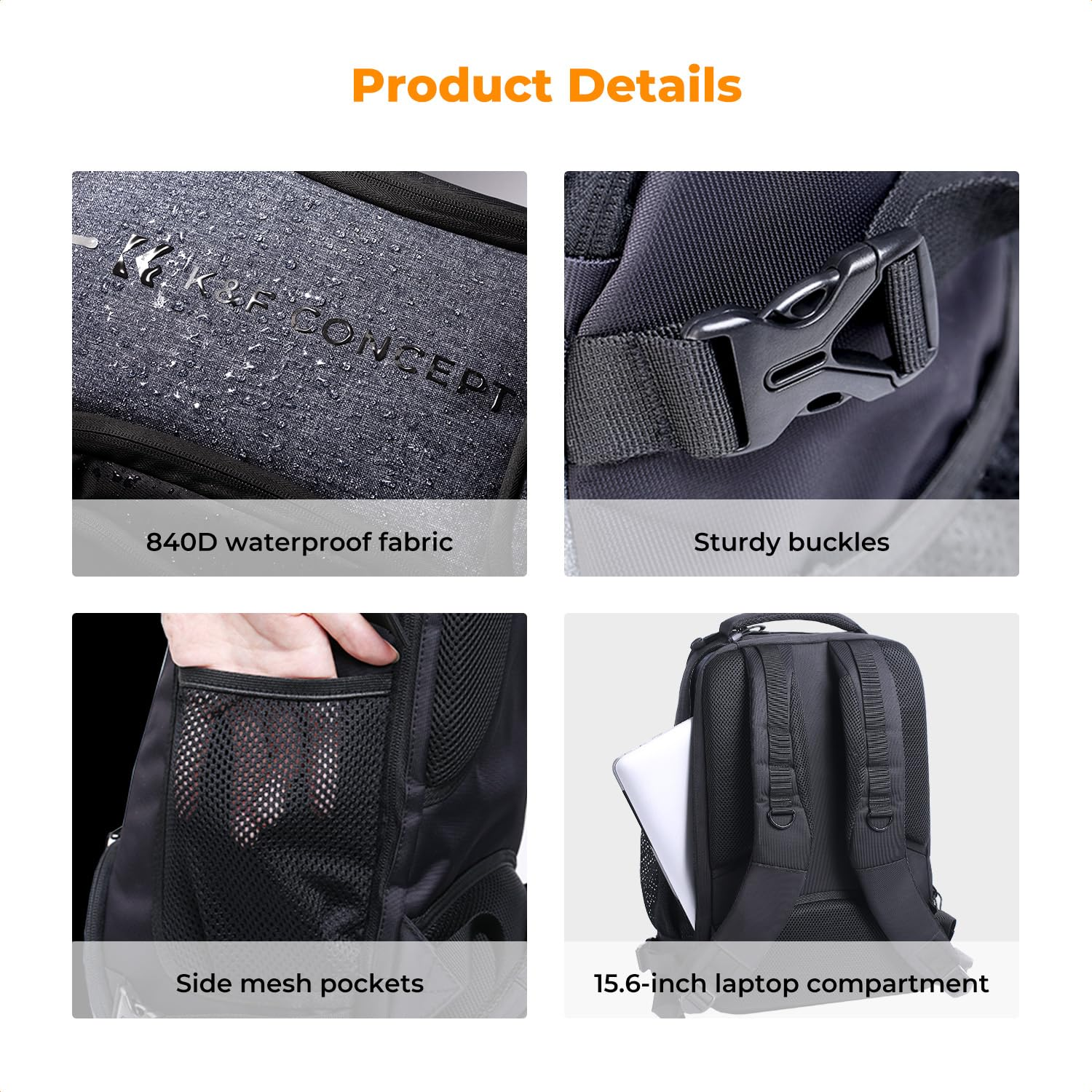Produktdetails eines grauen Rucksacks zeigen wasserdichten Stoff, stabile Schnallen, Netztaschen und Laptopfach.