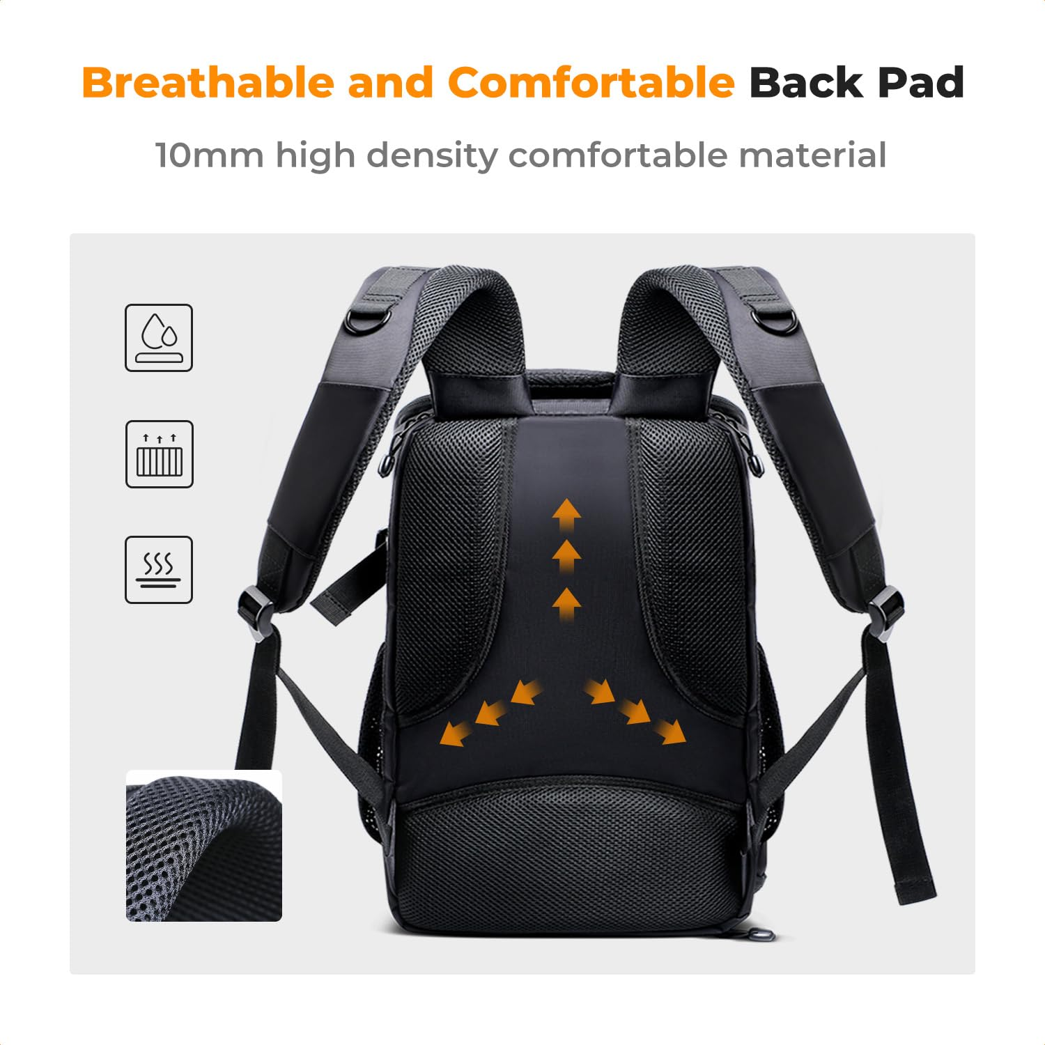 Ein schwarzer Rucksack mit atmungsaktivem Netz-Rückenteil, Schultergurten und Icons für Materialeigenschaften.