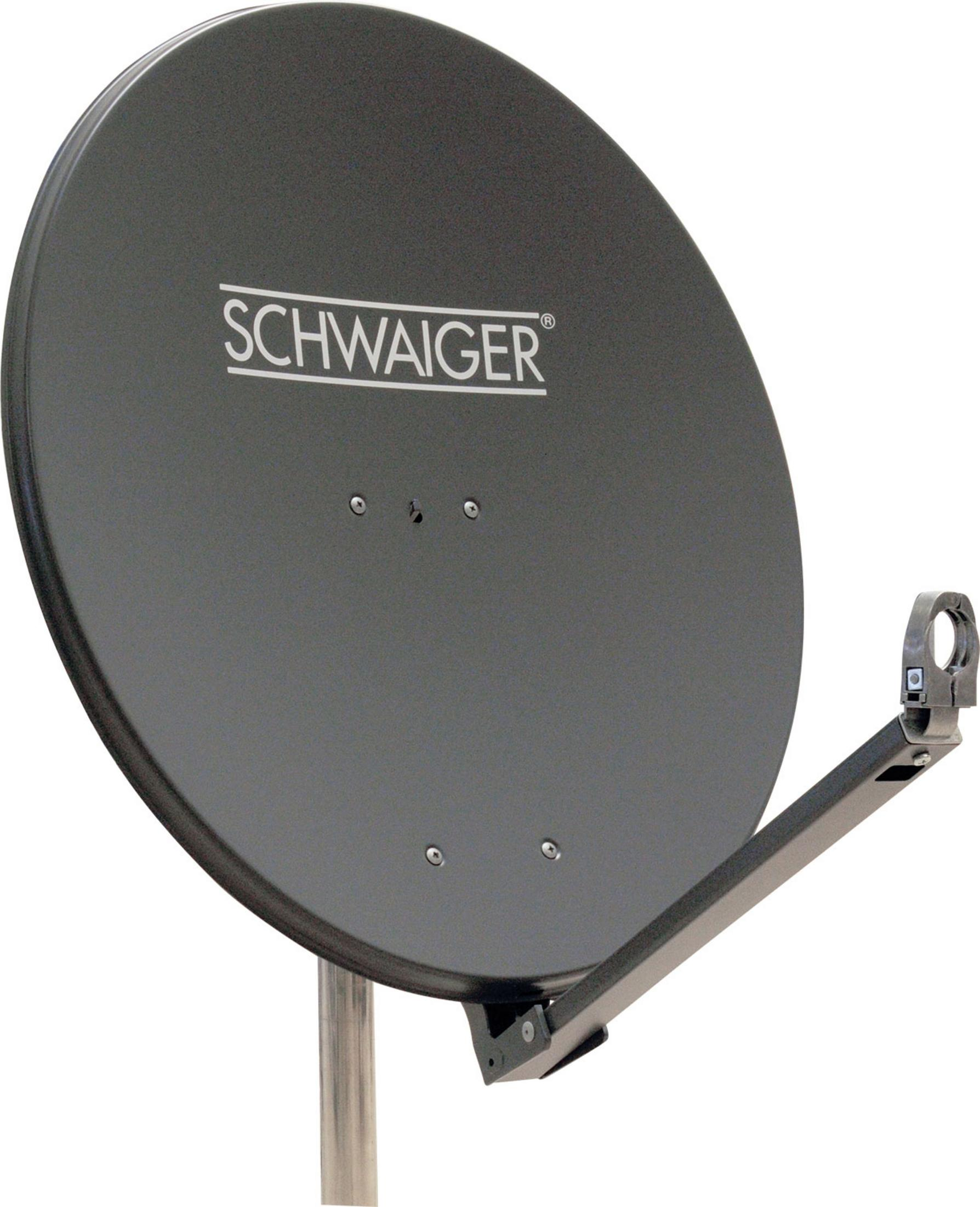 Eine schwarze Schwaiger Satellitenschüssel mit einem LNB-Arm auf hellem Hintergrund.