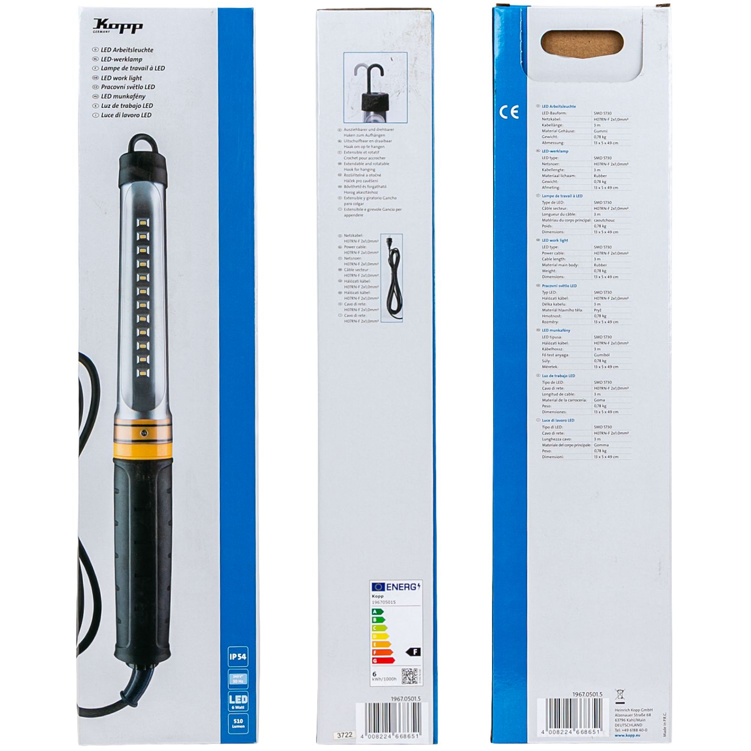 Verpackung einer Kopp LED-Arbeitsleuchte mit Produktbild und Technischen Daten.