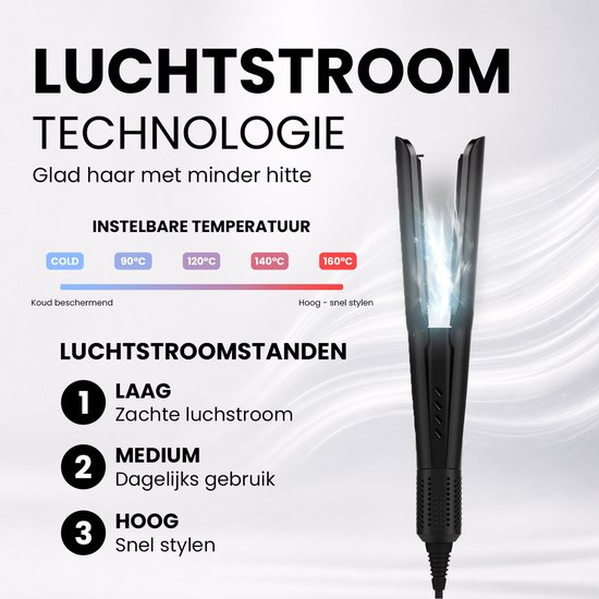 Immagine promozionale di una piastra per capelli nera con tecnologia a flusso d'aria.