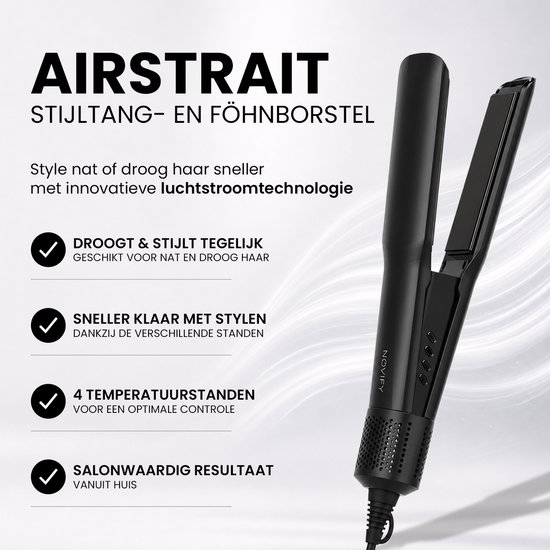 Piastra per capelli nera e spazzola asciugacapelli su sfondo bianco con testo.