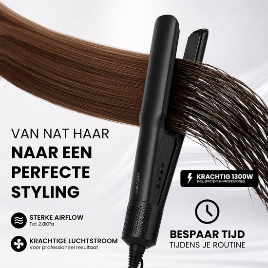 Una piastra per capelli nera modella capelli castani bagnati, con testo promozionale.