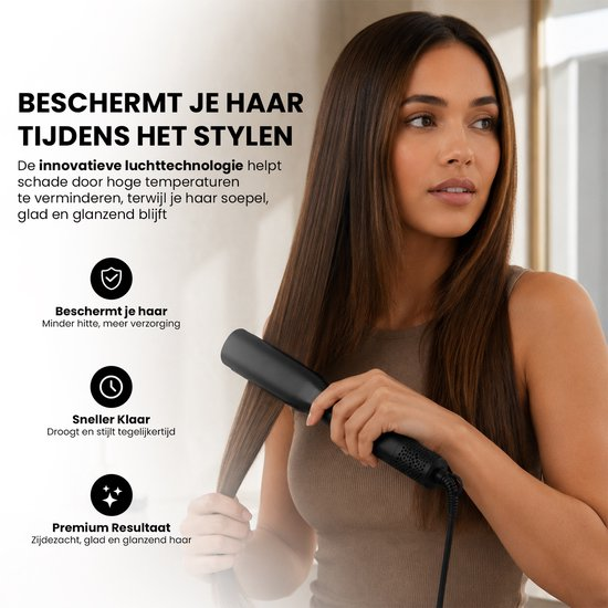Una donna con capelli castani lunghi e lisci li acconcia con uno styler ad aria nero, con testo in olandese.