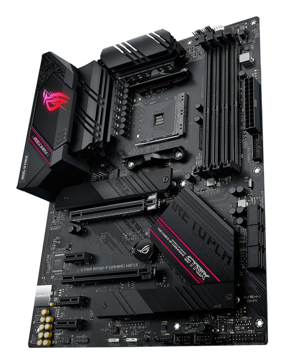 Czarna płyta główna Asus ROG Strix B550-F Gaming WiFi II z oświetleniem RGB i radiatorami.