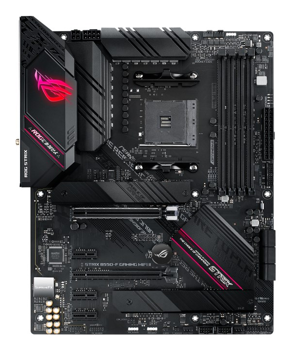 Czarna płyta główna ROG Strix B550-F Gaming WiFi II z radiatorami, gniazdem procesora i slotami RAM.