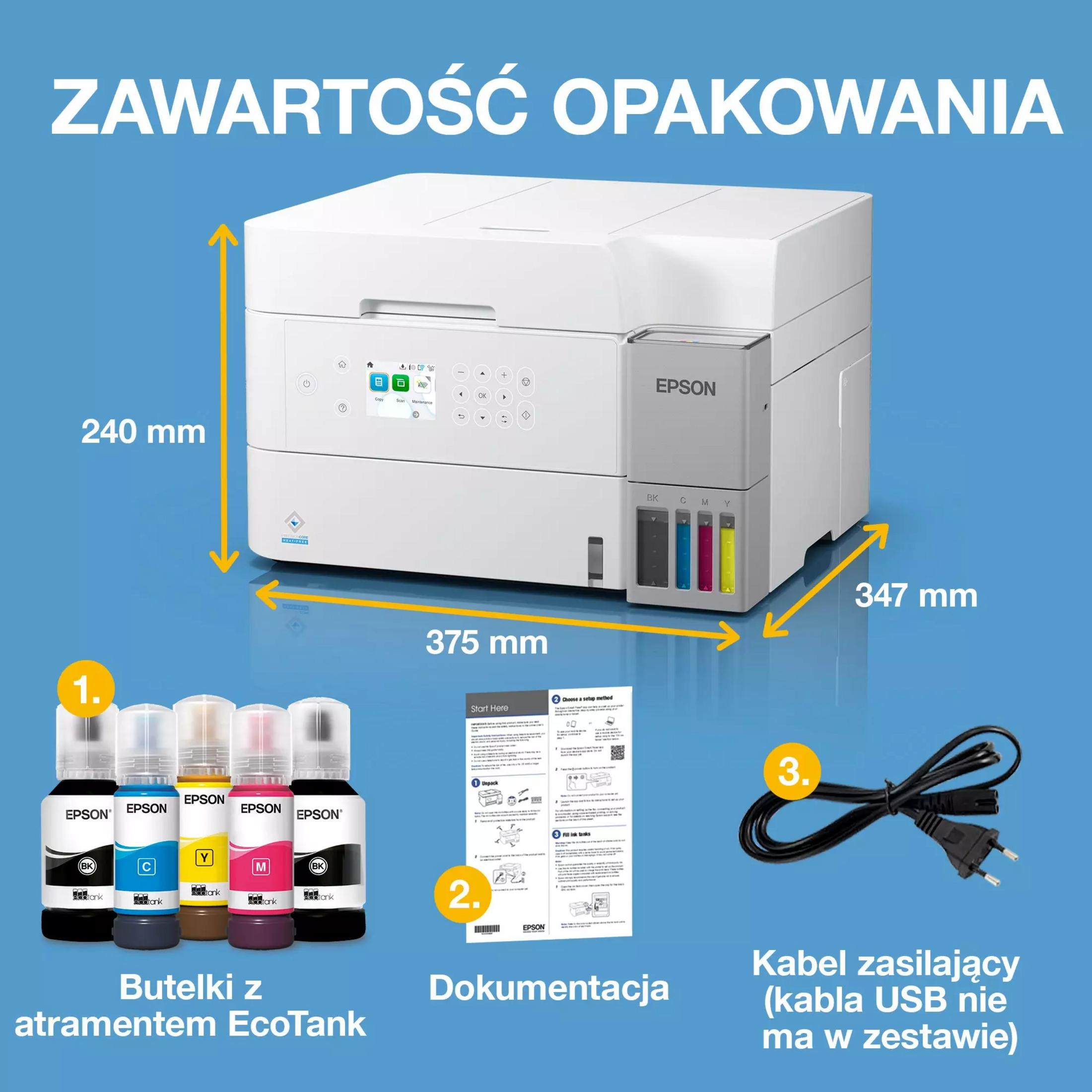 Drukarka Epson EcoTank z wymiarami, butelkami z atramentem, dokumentacją i kablem zasilającym.