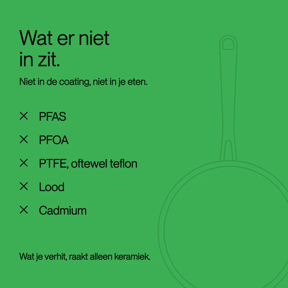 Green background listing substances like PFAS and lead that are absent, next to a frying pan outline.