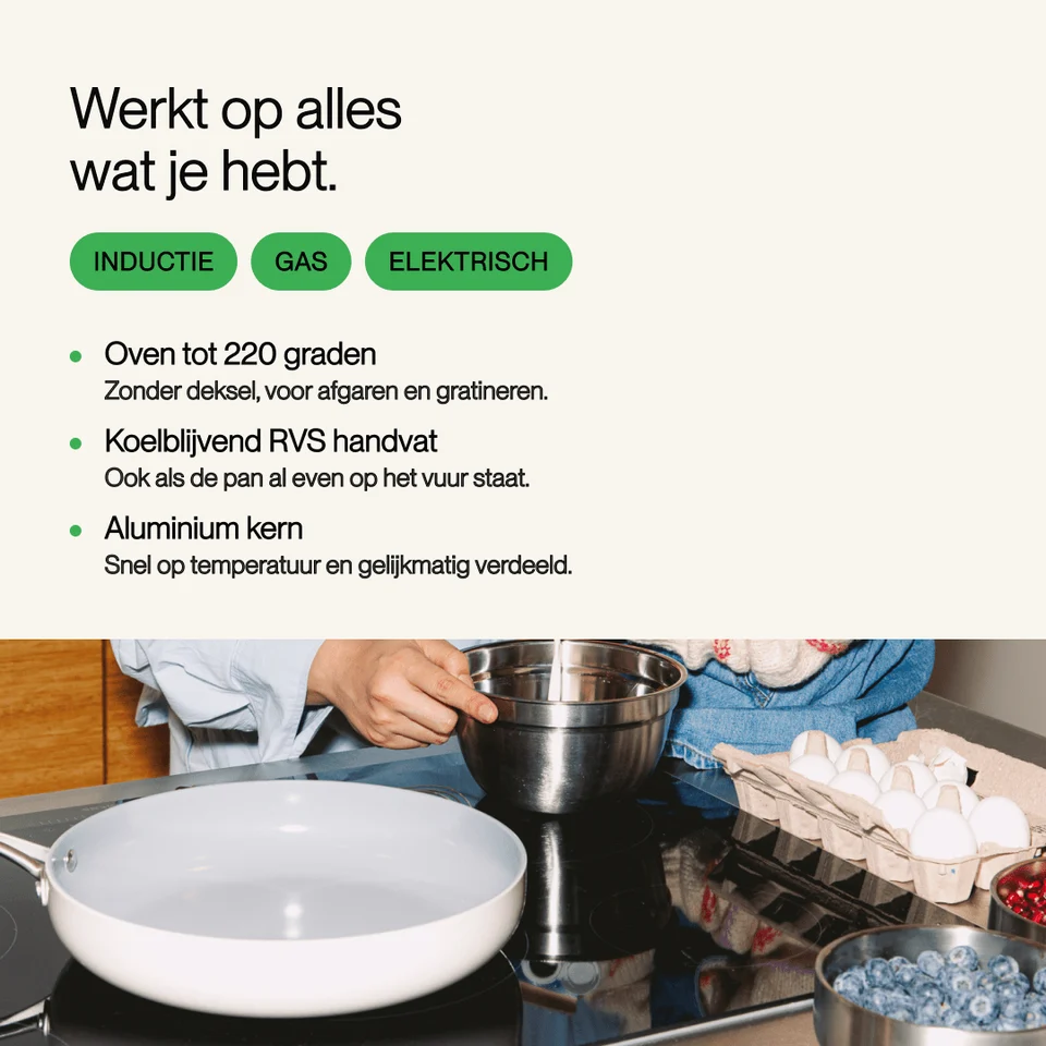 Product promotional image with text, egg carton, and a white pan on the stove.