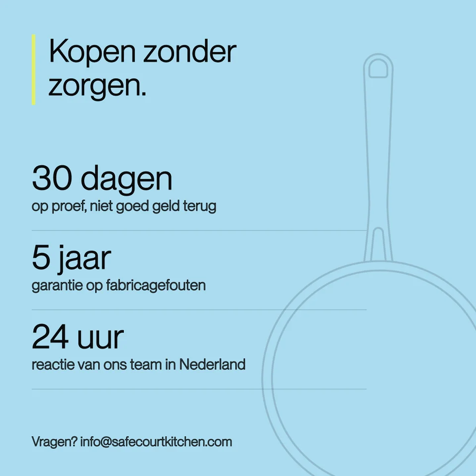 Blue graphic featuring warranty and return information, and a pan sketch.